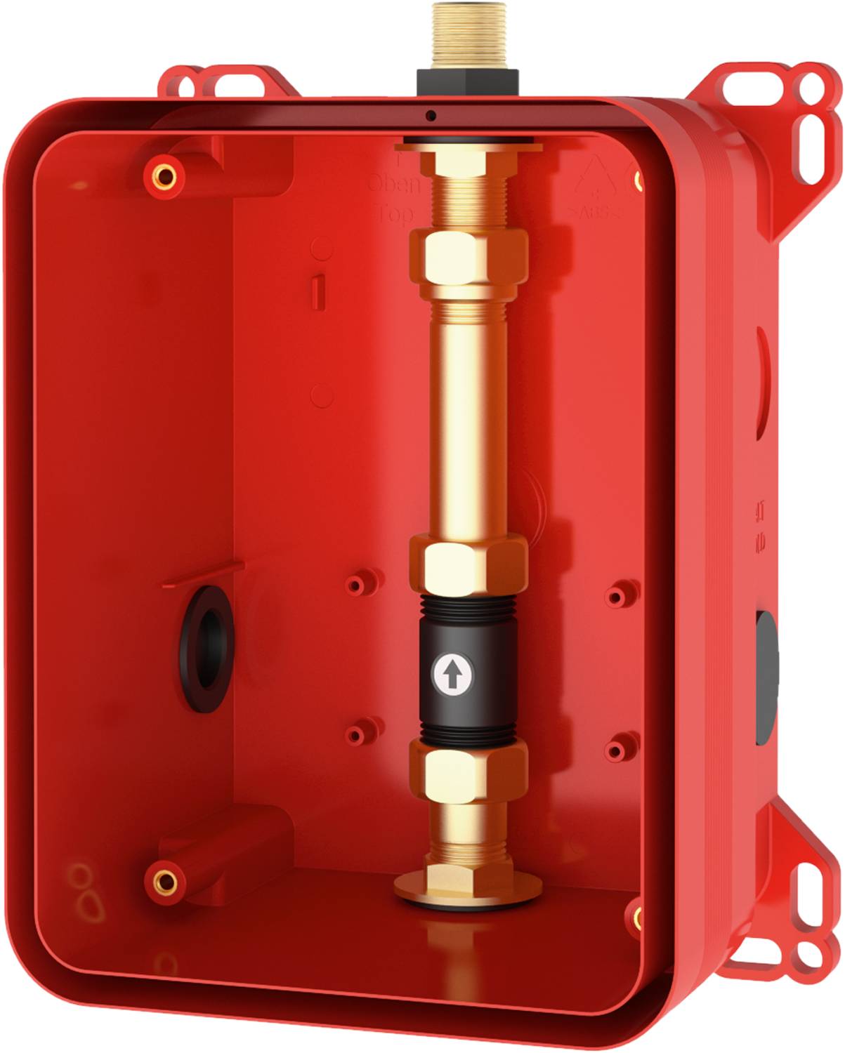 Ein roter Einbau mit einer vertikalen Messingrohranordnung, schwarzen Armaturen und einem Pfeil, der die Strömungsrichtung nach oben anzeigt.