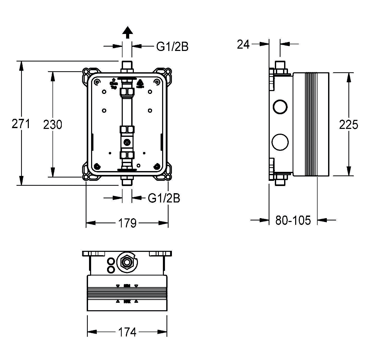 Ein technisches Diagramm zeigt die Abmessungen eines Geräts mit Vorder- und Seitenansicht. Die Hauptmaße umfassen 230 mm Höhe und 174 mm Breite.