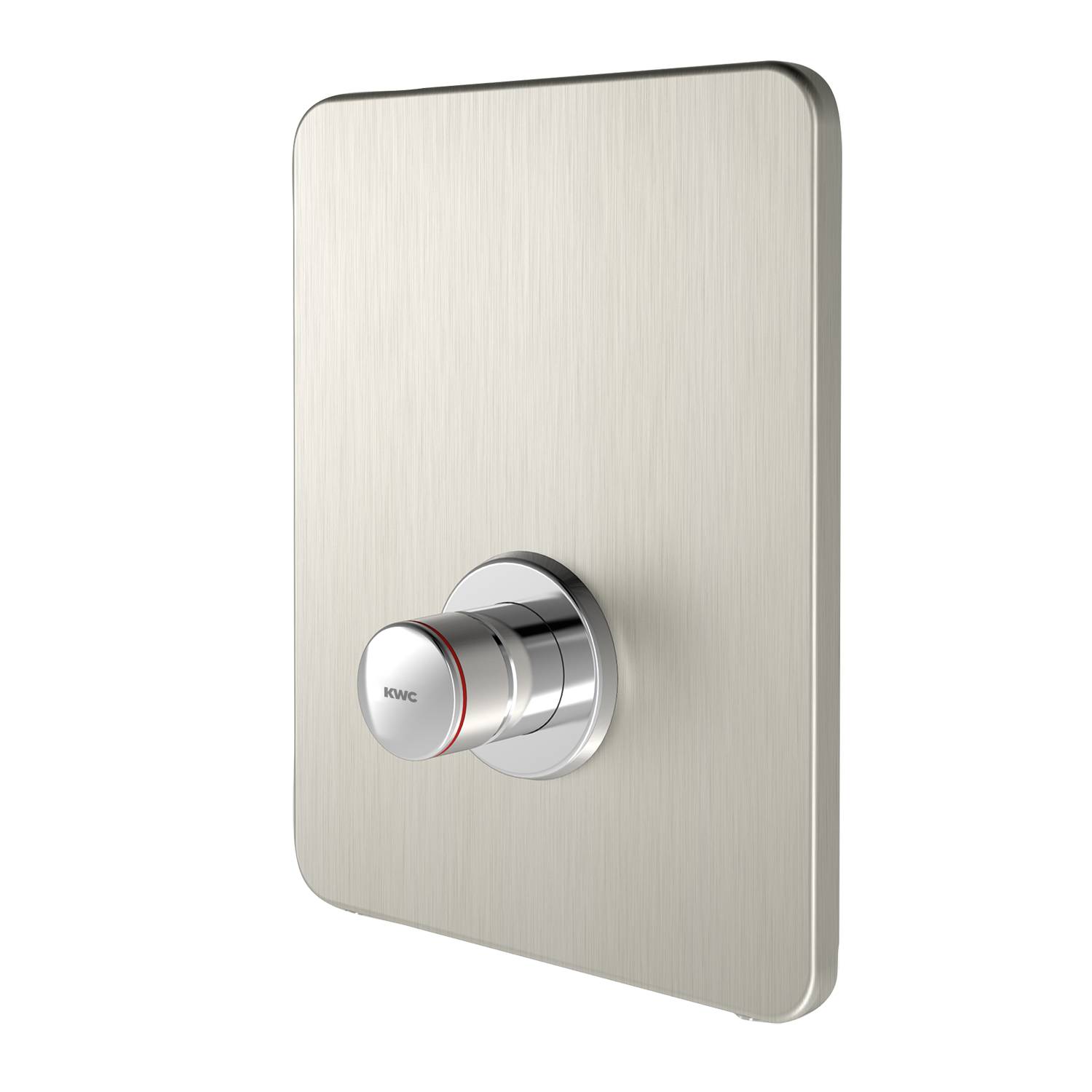 Ein metallischer Duschregler auf einem schlanken rechteckigen Panel, mit einem roten Ring, der die Temperatureinstellung anzeigt.