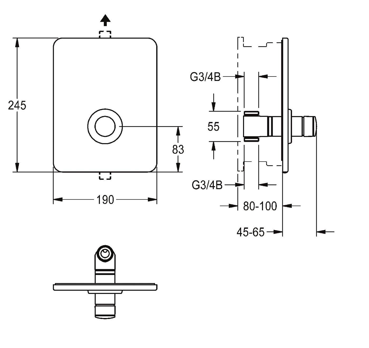 Technische Zeichnung einer verdeckten Ventilplatte mit Vorder-, Seiten- und Bodenansicht, gekennzeichnet 245 x 190 mm, mit G3/4B-Anschlüssen und Tiefen von 80-100 und 45-65 mm.