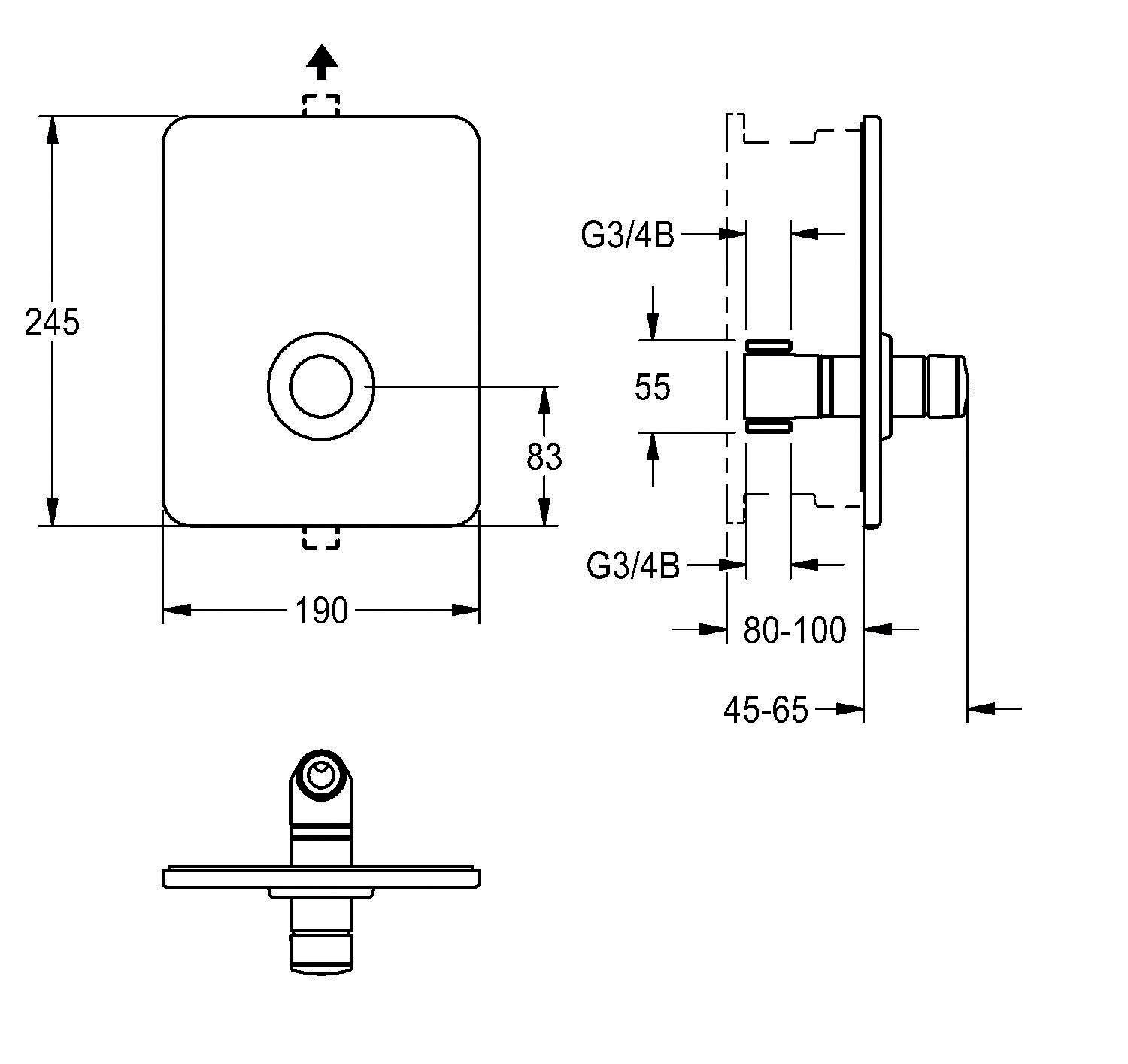Eine technische Zeichnung eines Ventils. Sie zeigt Vorder- und Seitenansichten mit Abmessungen: 245 mm Höhe, 190 mm Breite und eine Tiefe von 45-65 mm. G3/4B-Anschlüsse sind gekennzeichnet.