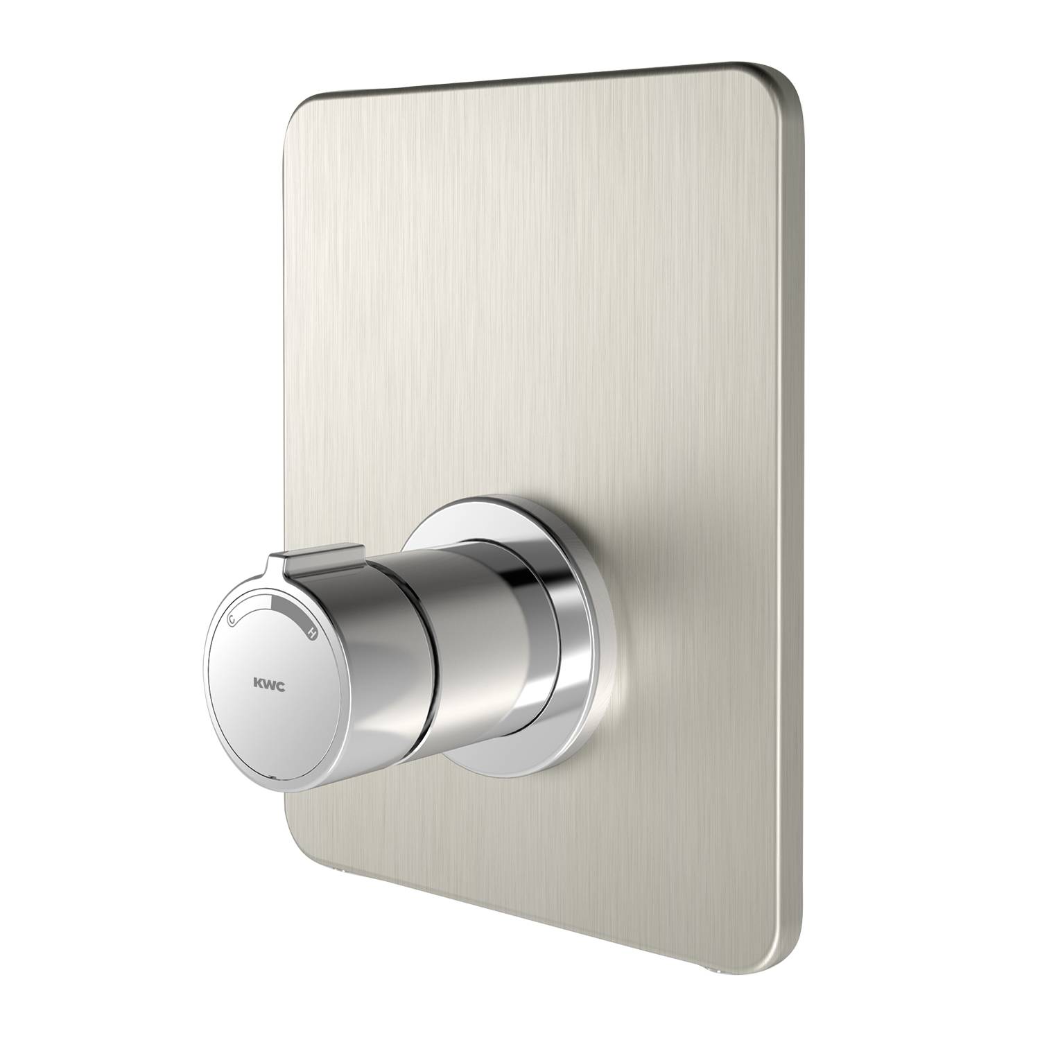 Wandmontierte Duscharmatur aus gebürstetem Nickel mit elegantem, modernem Design, ausgestattet mit einem einzelnen Chrom-Griff auf einer rechteckigen Rückplatte.
