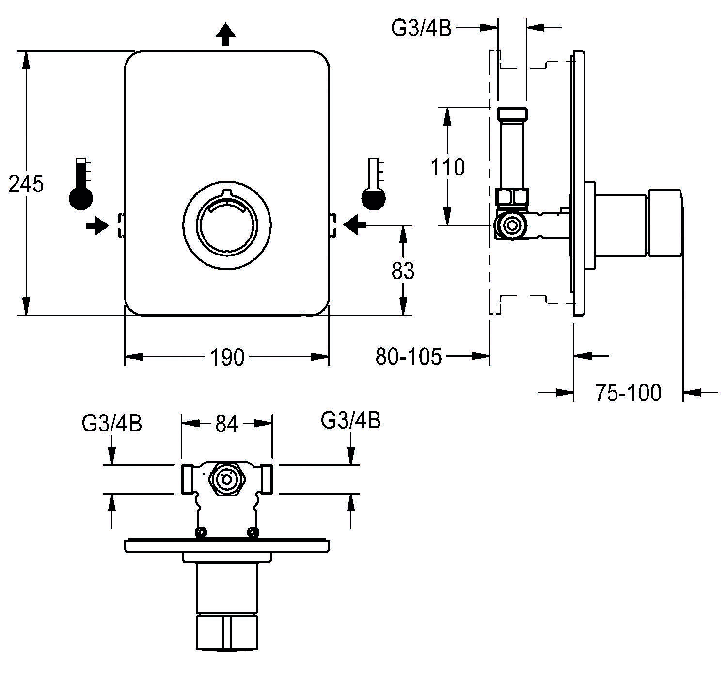 Technische Zeichnung eines wandmontiertes Duschventils. Beinhaltet detaillierte Maßangaben, 110 mm Tiefe, 194 mm Breite der Frontseite, G3/4B-Rohrverbindungen.