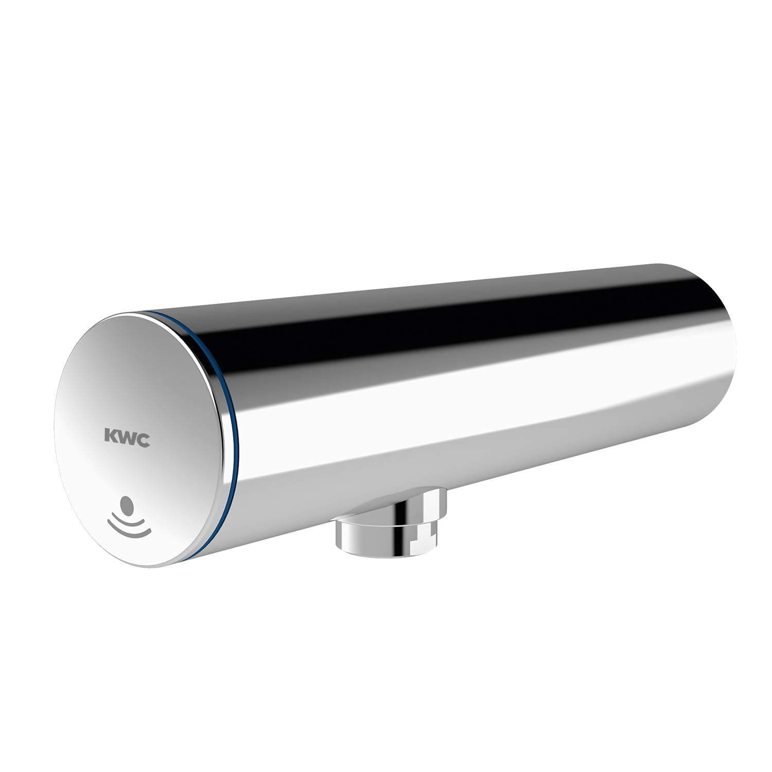 Ein moderner silberner zylindrischer Sensorfaucet vor einem schwarzen Hintergrund, der ein schlankes, minimalistisches Design mit einem Hauch von Eleganz zeigt.