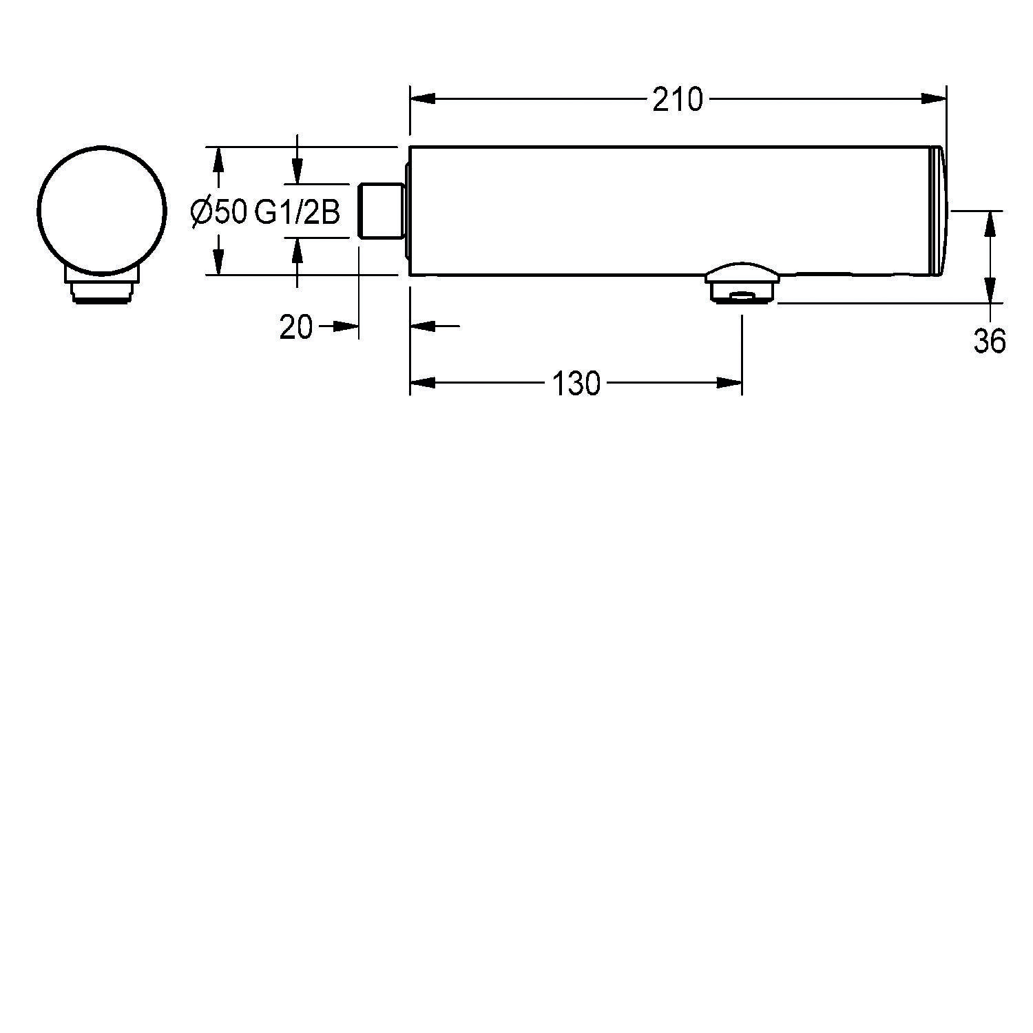 Technische Zeichnung eines zylindrischen Objekts mit Abmessungen: Länge 210 mm, Durchmesser 36 mm und seitlicher Einlassdurchmesser von 50 mm.