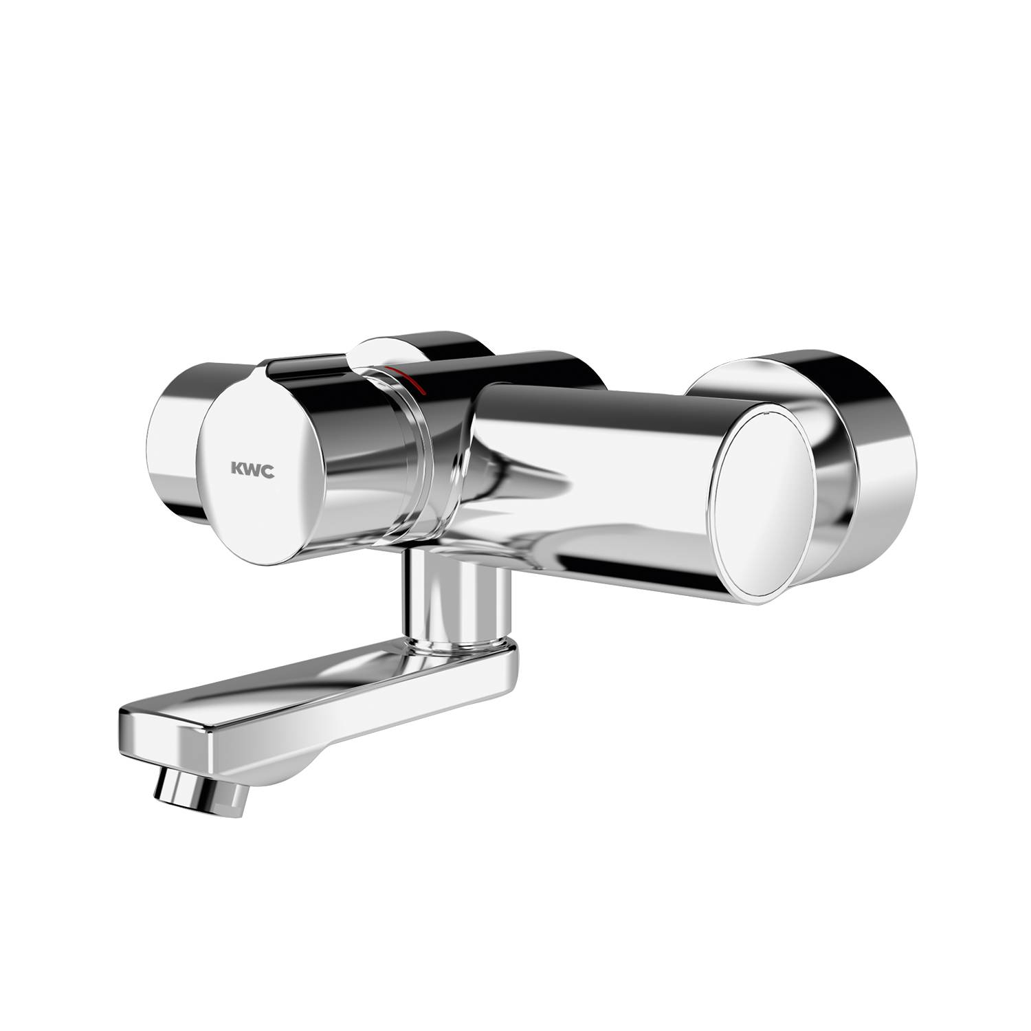 Ein moderner Chrom-Wandarmatur mit schlankem, zylindrischem Design und einem einzelnen Hebel zur Steuerung von Wassermenge und -temperatur.