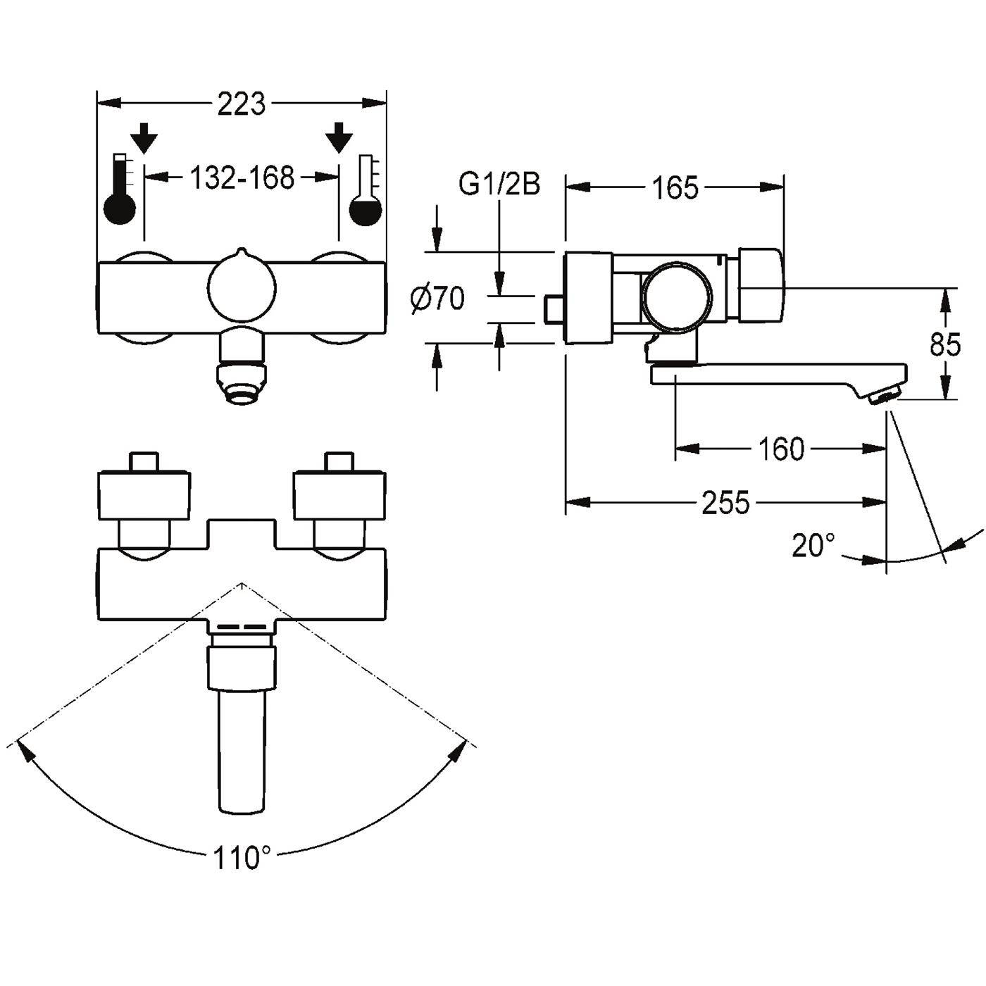Technische Maßzeichnung einer Armatur/Ventilbaugruppe mit Vorder-, Seiten- und Unteransicht mit Abmessungen (223, 165, 255), G1/2B, ø70, 85, 160 und Winkeln 20° und 110°.