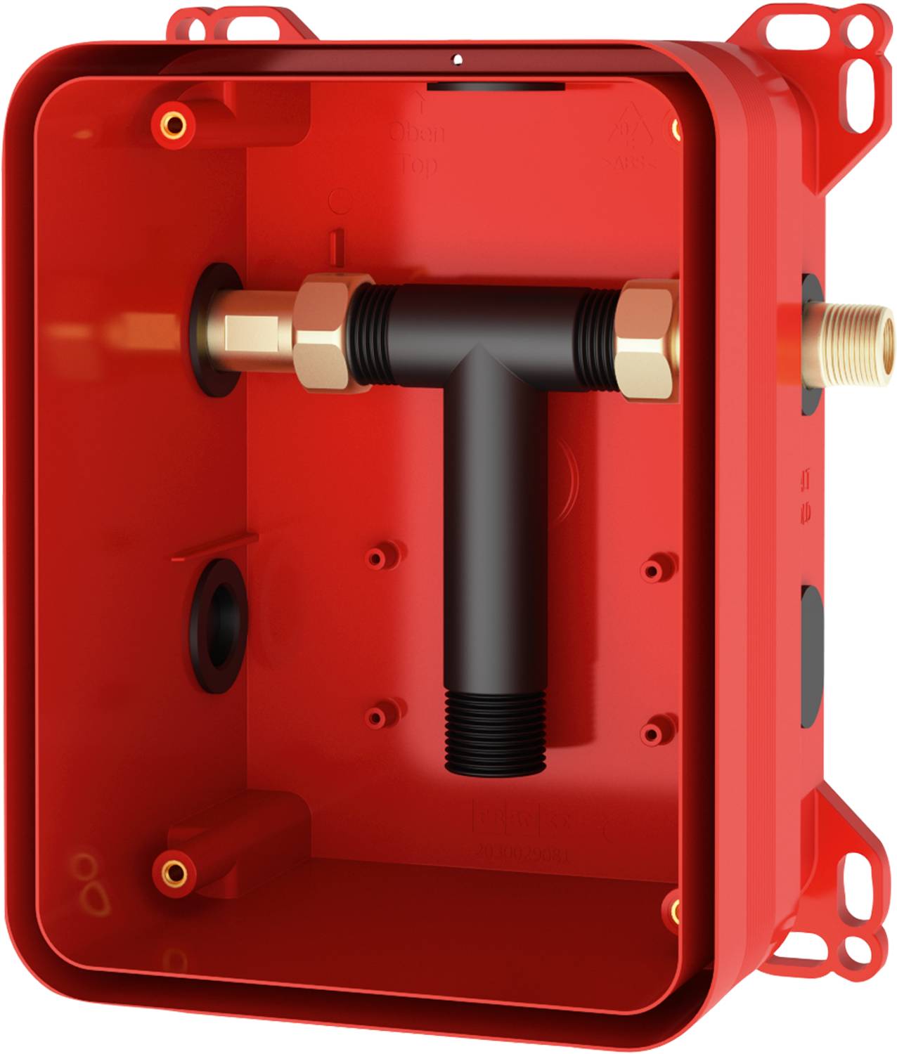 Roter elektrischer Kasten mit einem schwarzen T-förmigen Anschluss, der im Inneren befestigt ist, mit zwei horizontalen Rohrendungen, die mit Sechskantmuttern verschlossen sind.