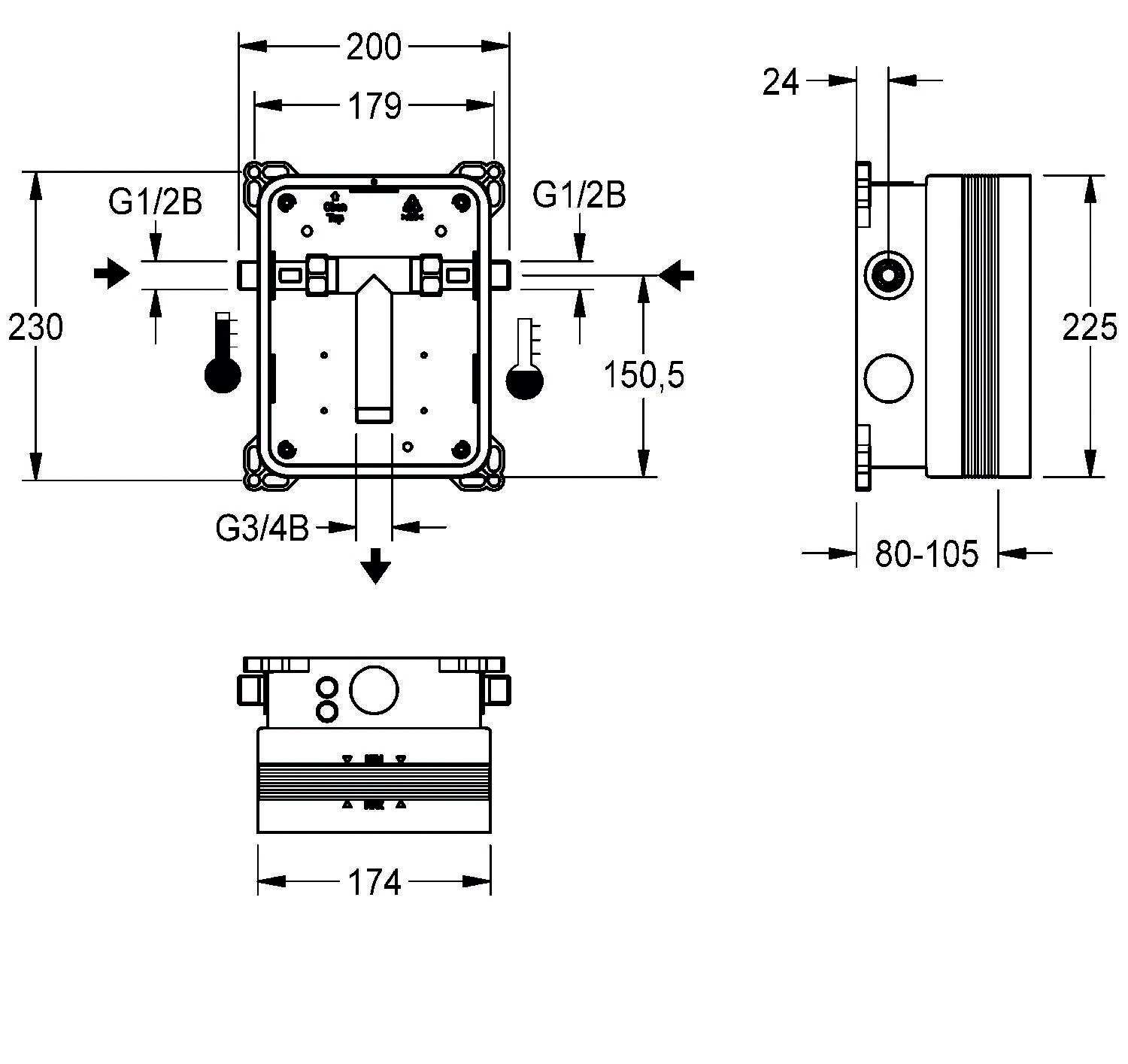 Eine technische Zeichnung eines rechteckigen Geräts mit Abmessungen: 200x179mm. Seitenansicht-Tiefe beträgt 80-105mm. Anschlüsse beschriftet mit G1/2B und G3/4B.