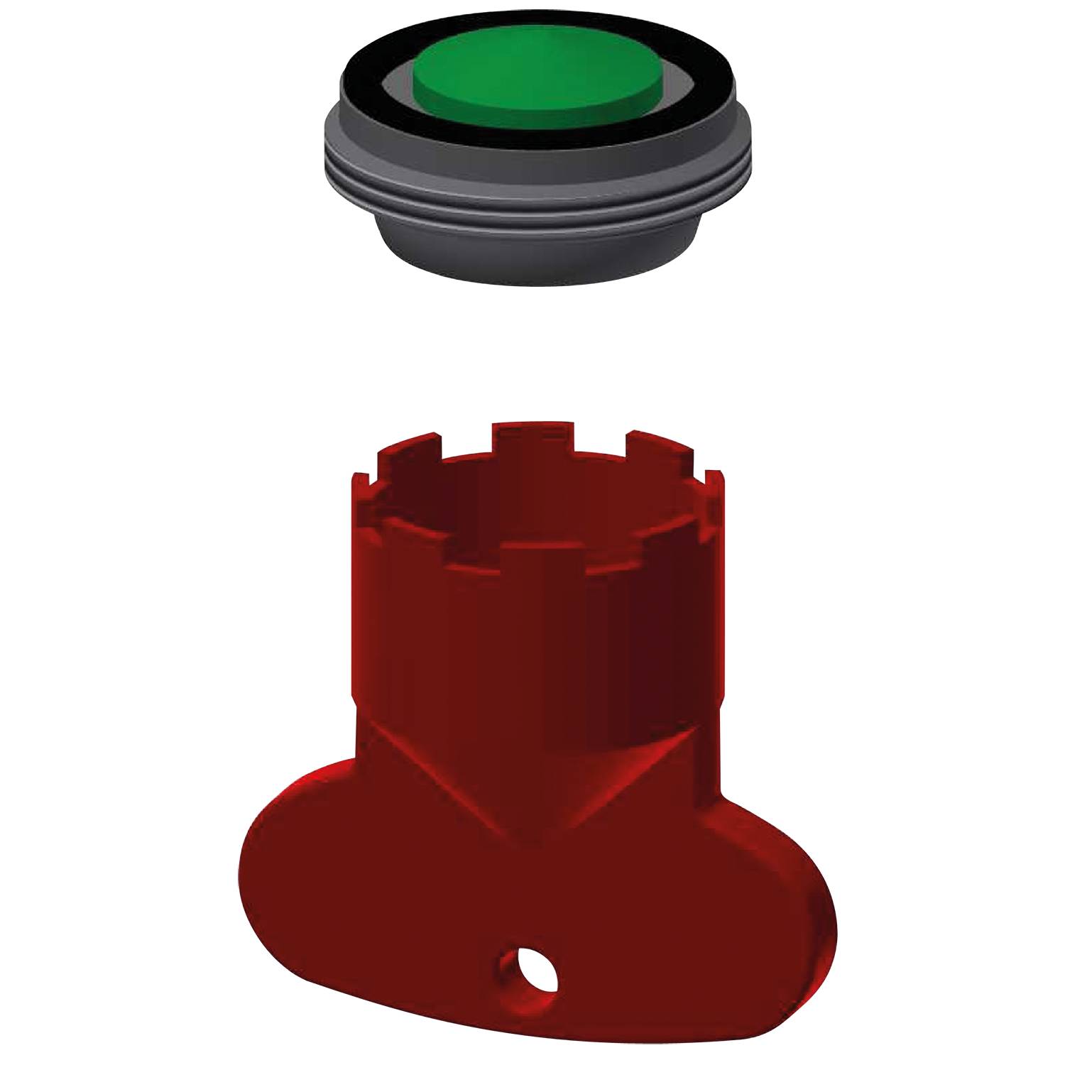 Eine 3D-Darstellung zeigt einen grünen Knopf über einer roten zylindrischen Basis mit einer schlüsselähnlichen Form. Die Objekte sind vor einem schwarzen Hintergrund isoliert.