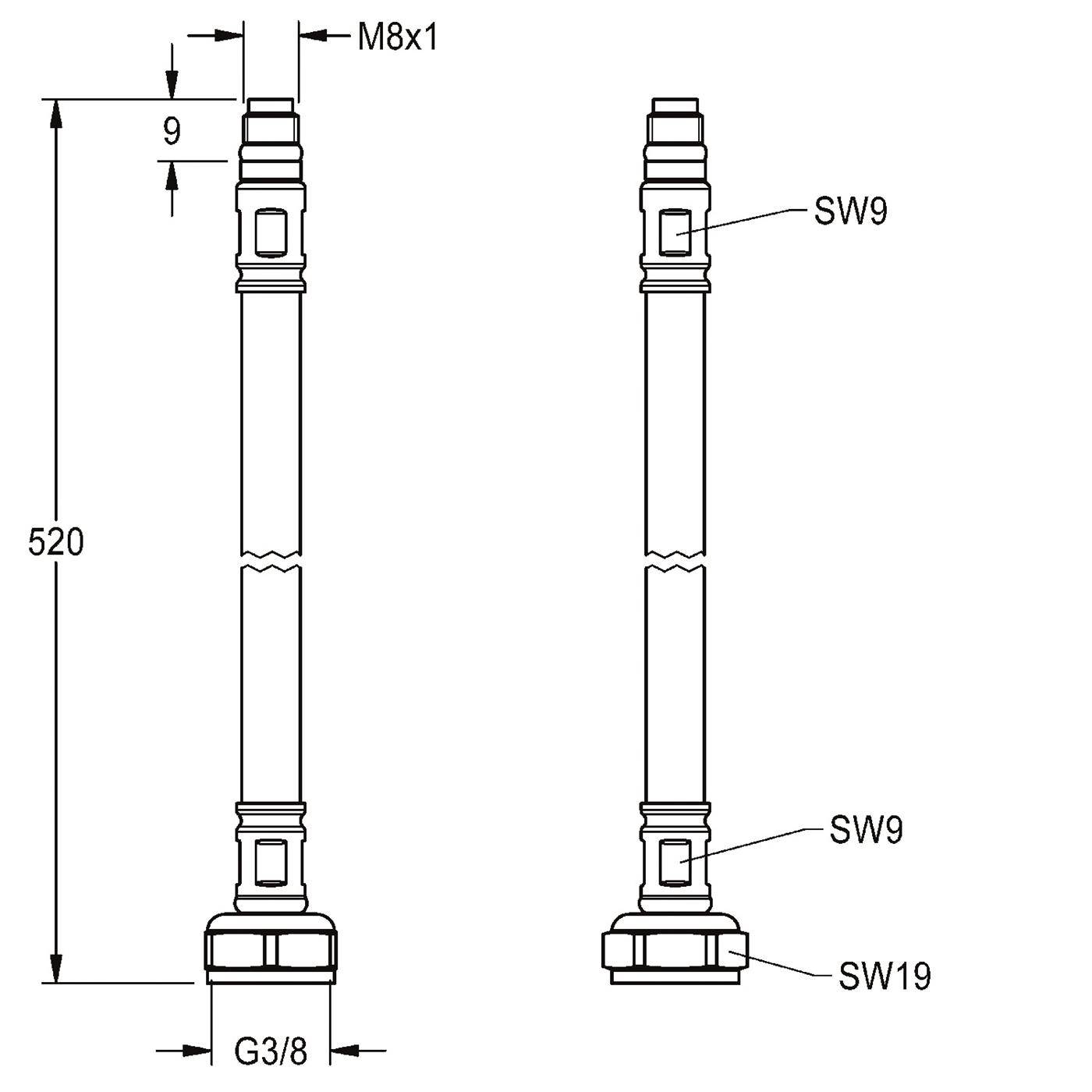 KWC Schlauch, F5, G3/8xM8x1, 520mm, DN6, Gerade, 2030041313