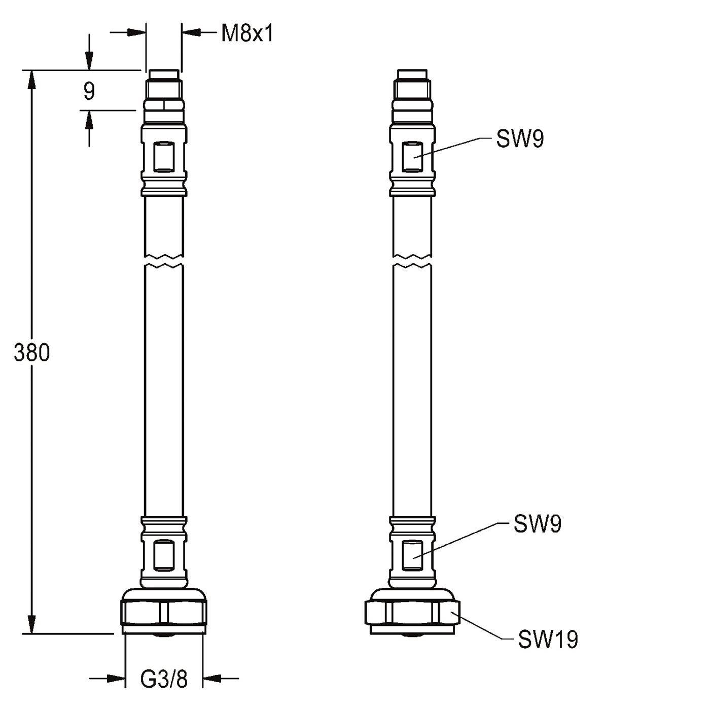 KWC Schlauch, F5, G3/8xM8x1, 380mm, DN6, Sieb, Gerade, 2030041311