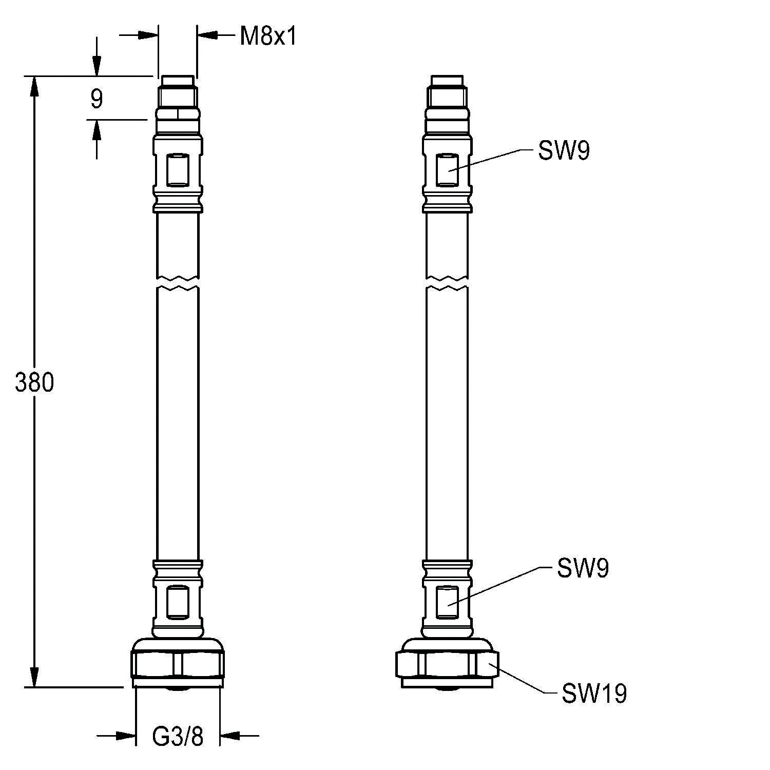 Technische Zeichnung einer Komponente mit Abmessungen: Höhe 380 mm, oberes Detail M8x1, unteres Ende G3/8. Abschnitte gekennzeichnet mit SW9 und SW19.