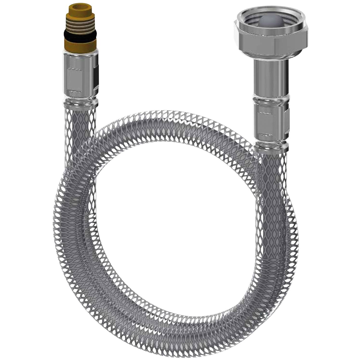 Flexibler Schlauch mit Metallverbindern an beiden Enden, verwendet für Klempnerarbeiten vor einem schwarzen Hintergrund.