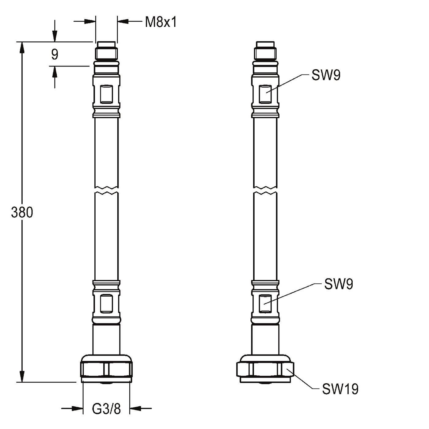 KWC Schlauch, F5, G3/8xM8x1, 380mm, DN6, Rückflussverhinderer, Gerade, 2030041320