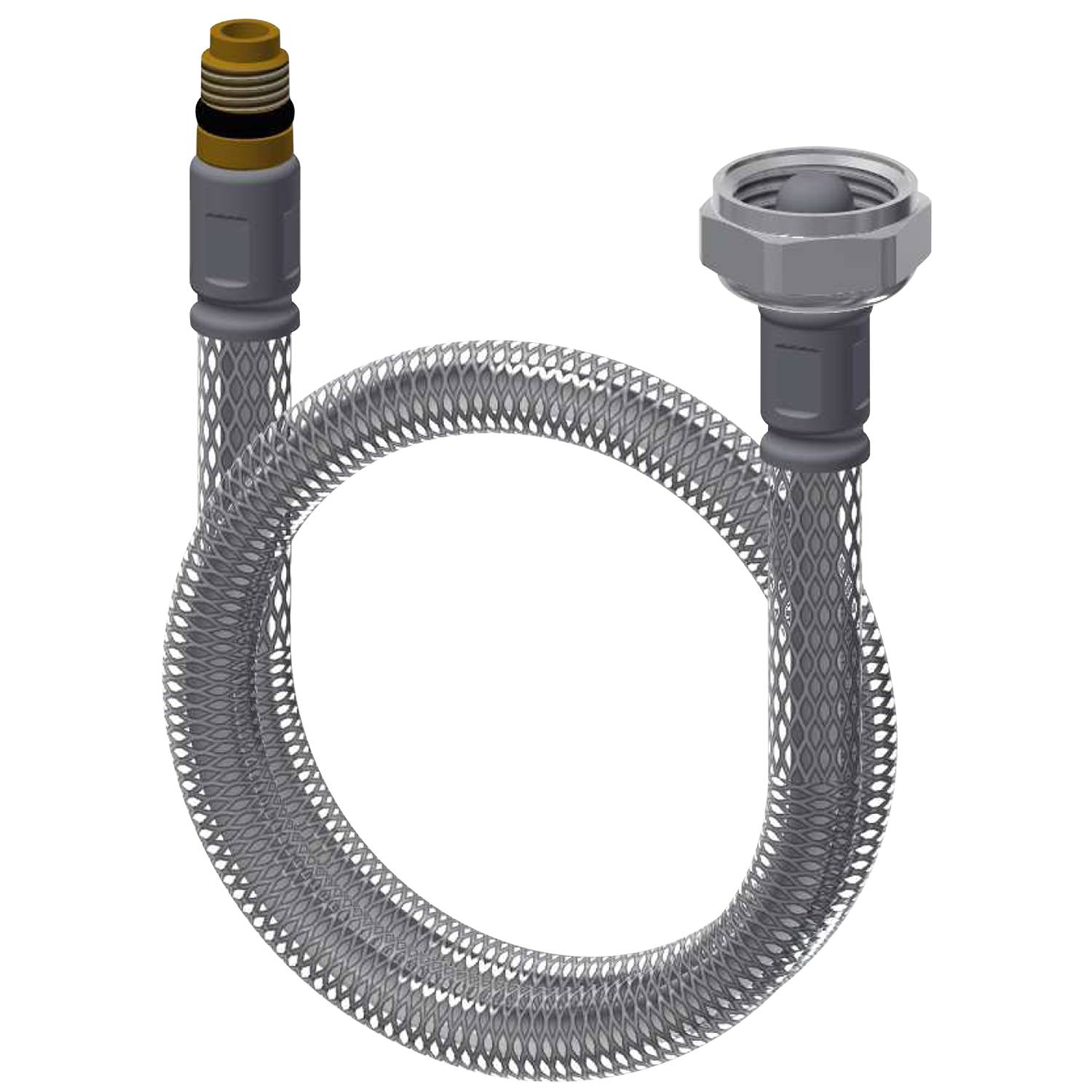 Ein aufgewickelter metallischer Wasserschlauch mit Anschlüssen an beiden Enden, vor einem schwarzen Hintergrund.