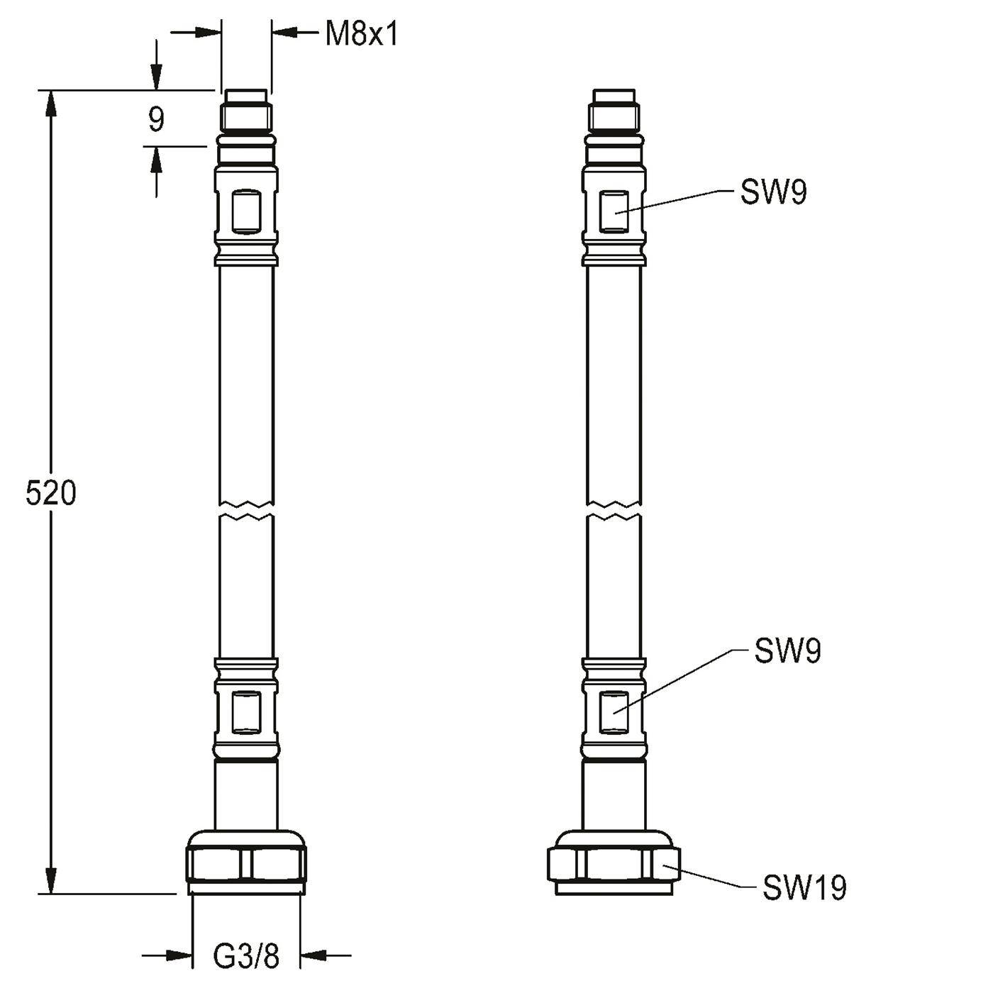KWC Schlauch, F5, G3/8xM8x1, 520mm, DN6, Rückflussverhinderer, Gerade, 2030041321