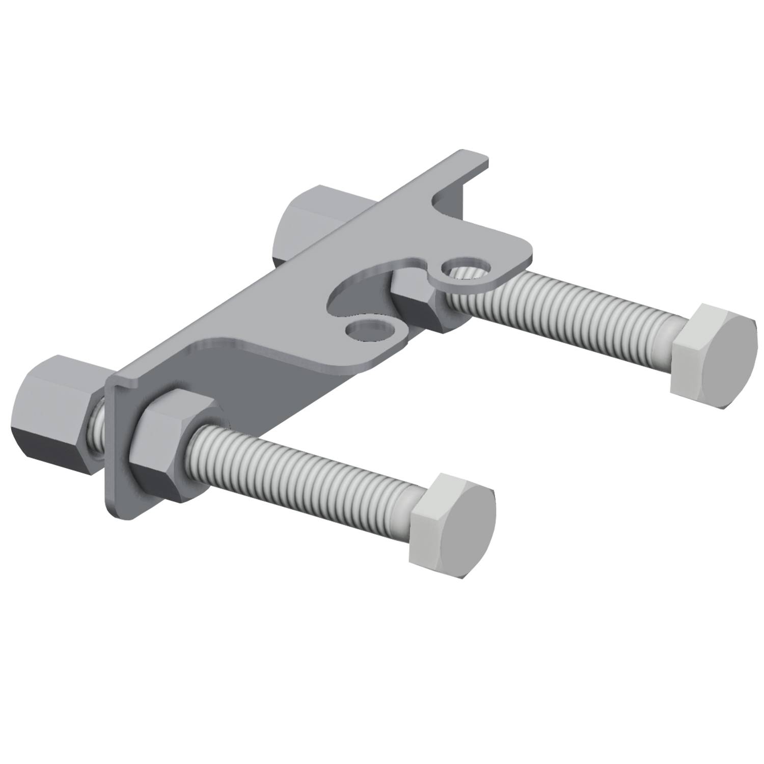 Ein Metall-Doppelbolzenscharnier mit zwei Gewindeschrauben und Sechskantmuttern, konzipiert für mechanische oder strukturelle Verbindungen.