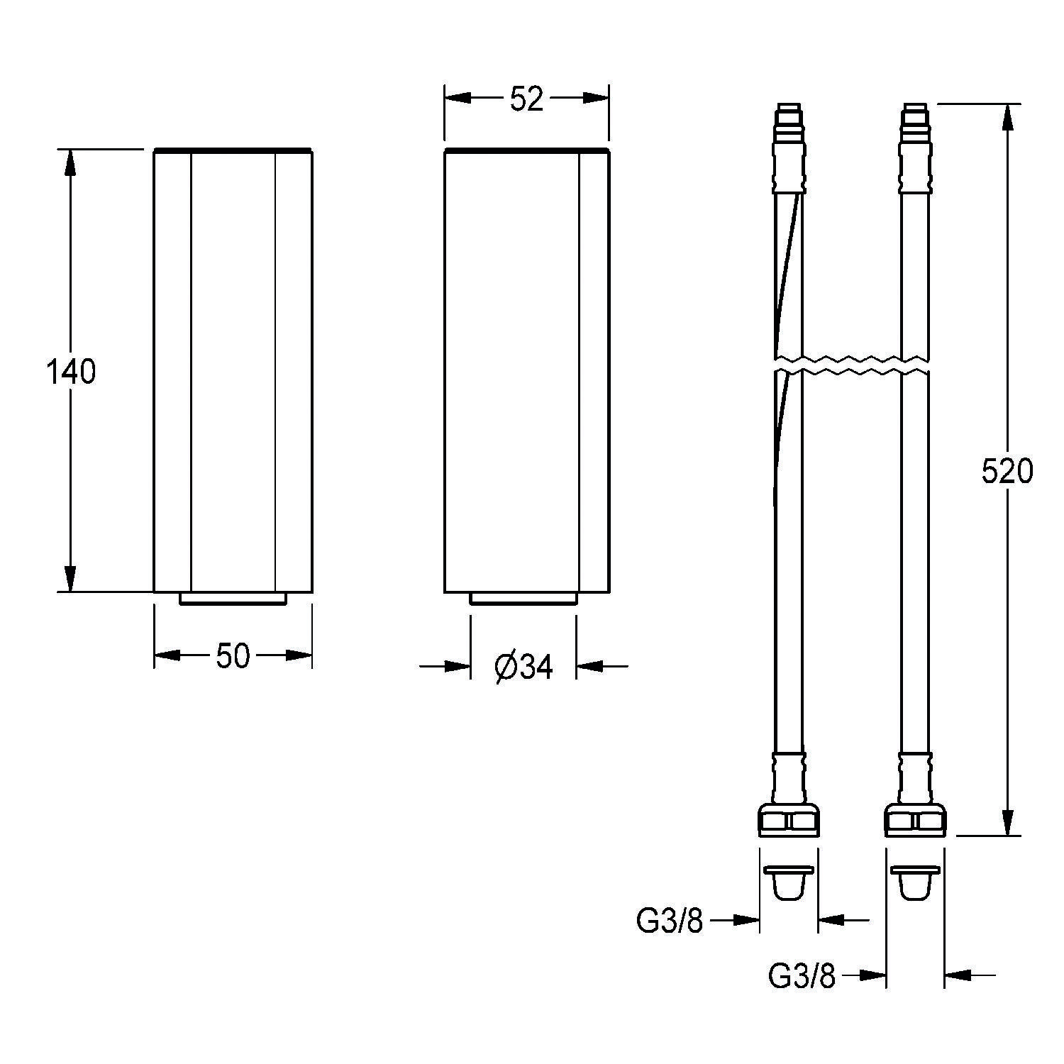 Diagramm zur Darstellung der Abmessungen einer Sanitärkomponente: Höhe 140 mm, Breite 50 mm, Rohranschlüsse G3/8 mit Gesamtlänge 520 mm.