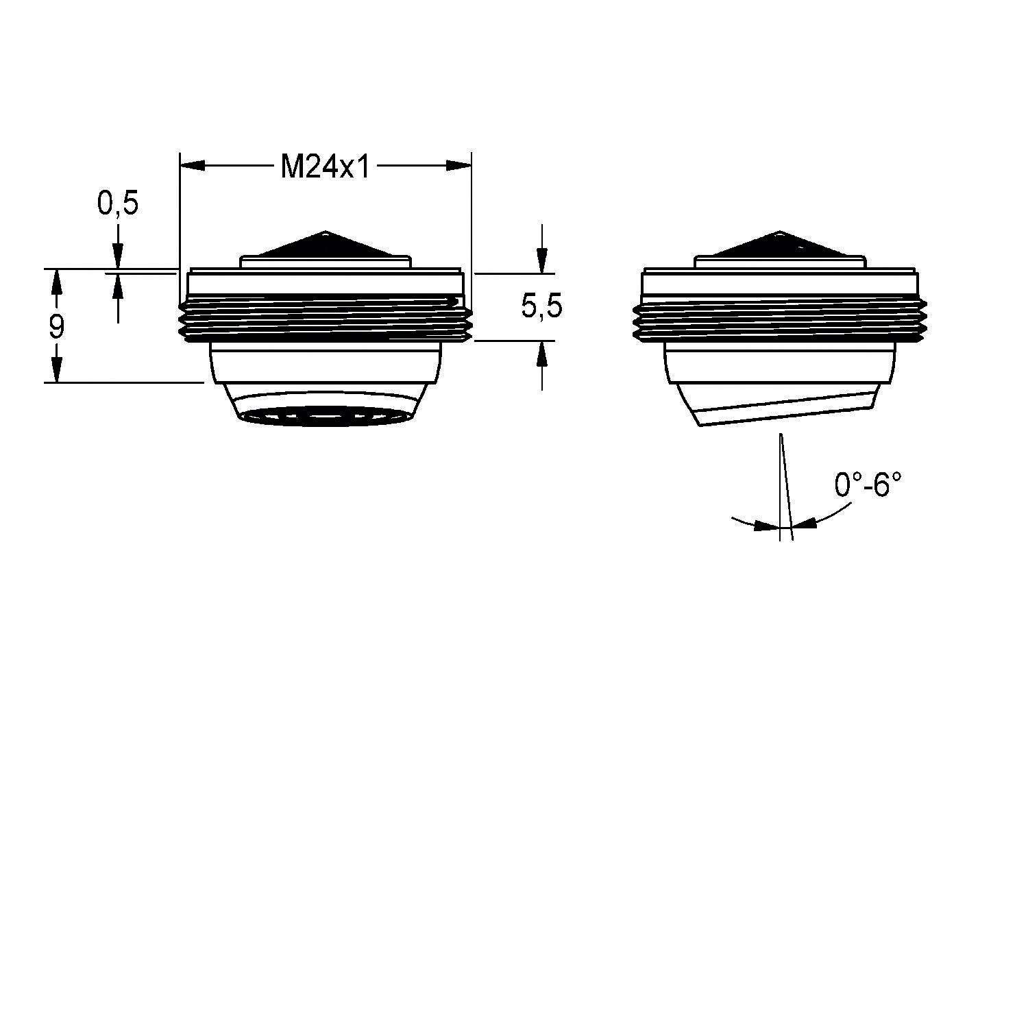 Technische Zeichnung mit Abmessungen einer Gewindebauteils und folgenden Beschriftungen: M24x1, 0,5, 5,5, 9. Enthält Winkeldetail von 0-6 Grad.