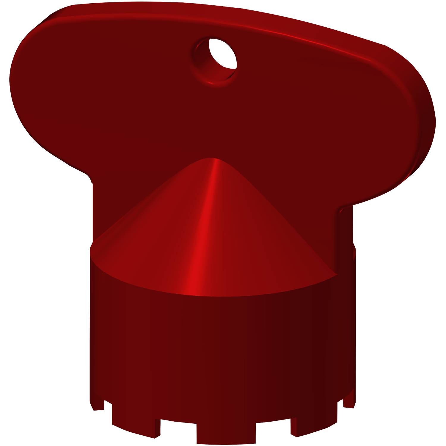 Ein roter, gezahnter Kunststoffschlüssel mit rundem Griff und konischer Spitze, wahrscheinlich für die Einstellung von Ventilen oder ähnliche mechanische Zwecke verwendet.