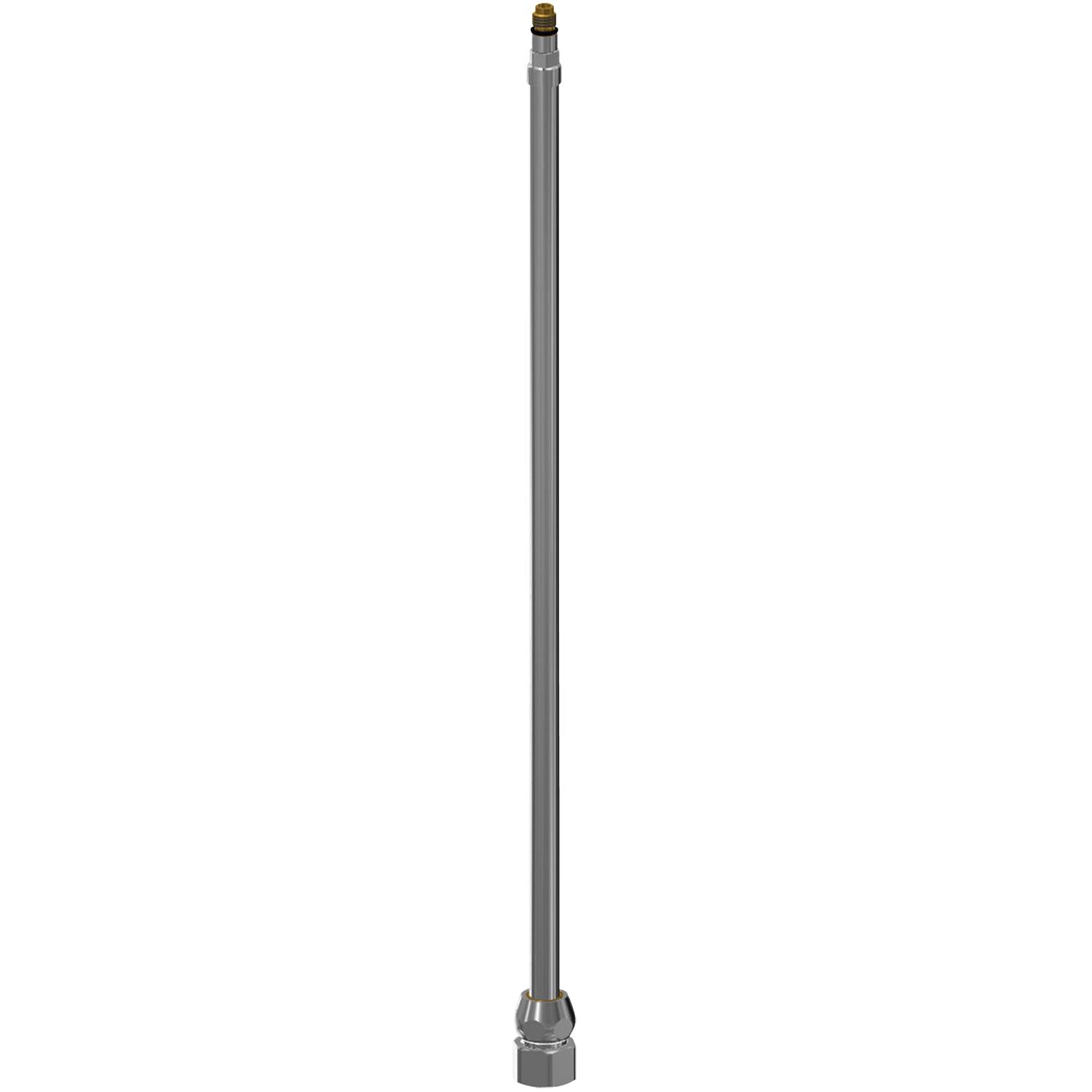 Eine lange metallische Stange oder Rohr mit einer goldenen Spitze an einem Ende und einer breiteren Basis am anderen Ende, vor einem schwarzen Hintergrund.