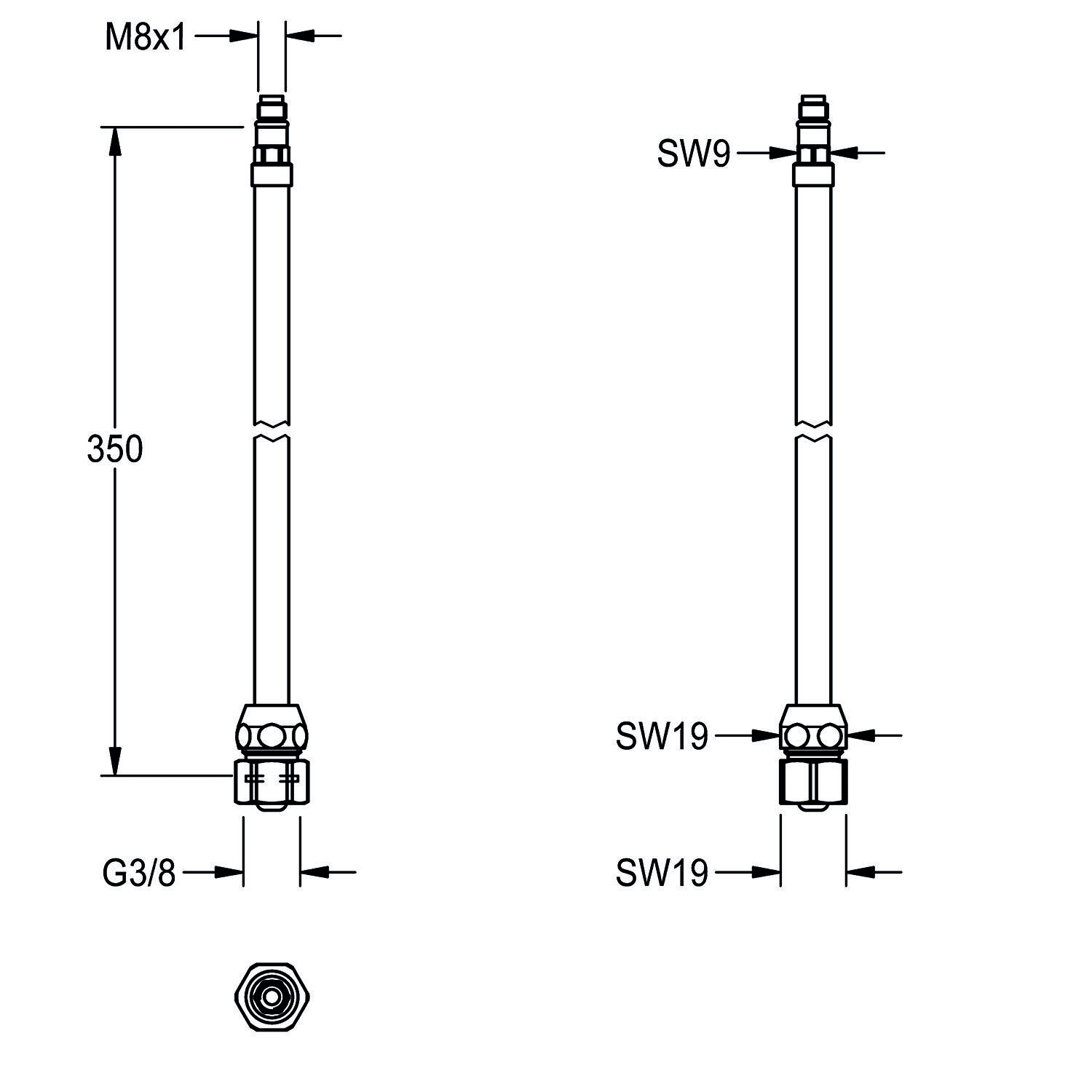 Technische Zeichnung zweier ähnlicher Bauteile mit Maßangaben. Links: 350 Einheiten lang, G3/8 und M8x1 beschriftet. Rechts: SW9 oben, SW19 unten.