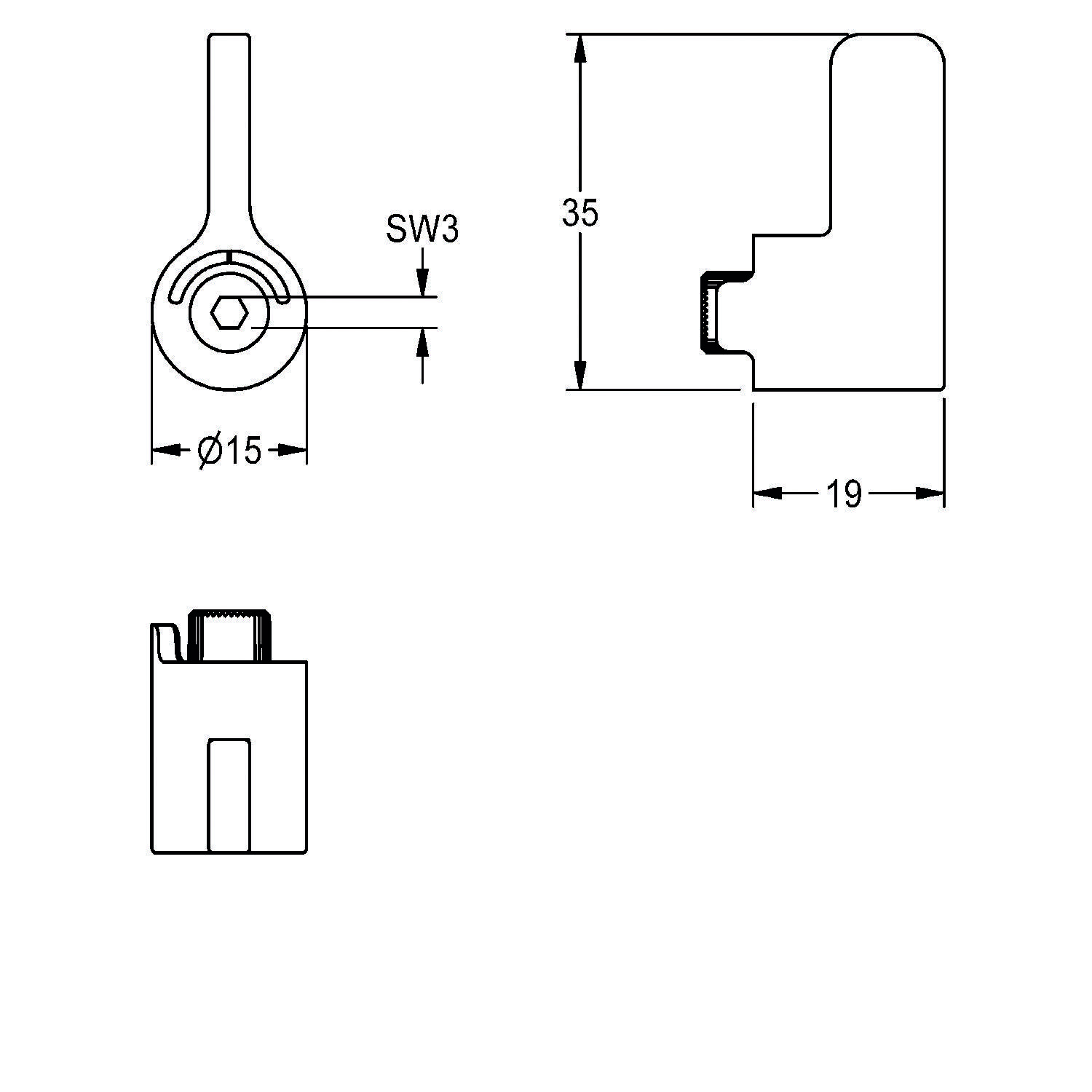 Technische Zeichnung einer mechanischen Komponente mit drei Ansichten: Seitenansicht, Draufsicht und Schnittdarstellung. Abmessungen markiert: Höhe 35 mm, Breite 19 mm, Durchmesser 15 mm und mit 'SW3' beschriftet.