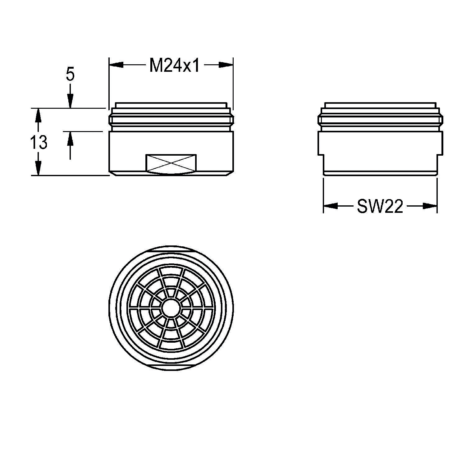 Technische Zeichnung eines Strahlreglers mit Maßangaben: Durchmesser M24x1, SW22, Gesamthöhe 13 mm mit einer Höhe von 5 mm zur Armatur.