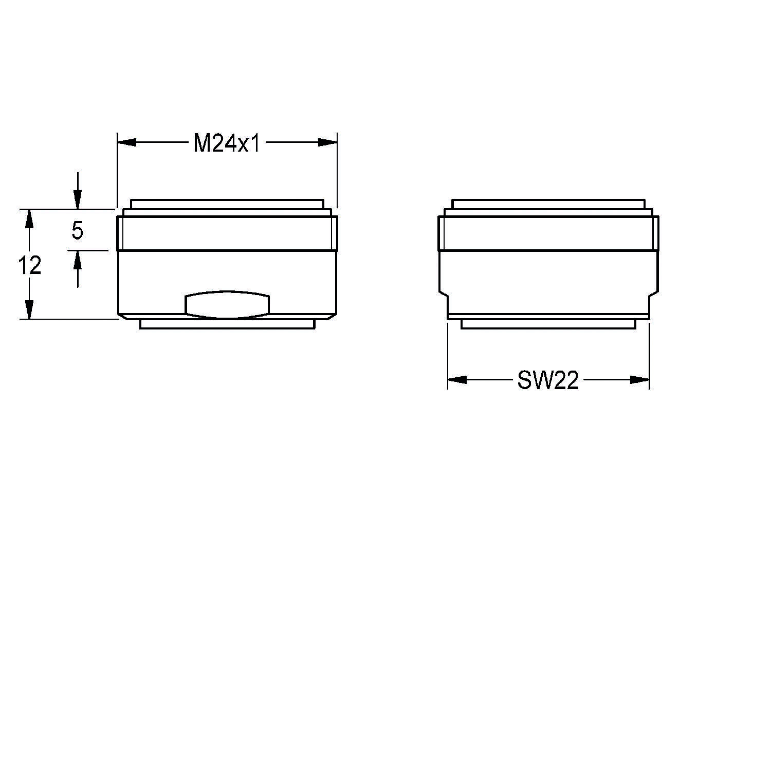 Technische Zeichnung eines zylindrischen Objekts mit Maßangaben. Seitenansicht: Gesamthöhe 17, Breite M24x1. Vorderansicht: Breite SW22.