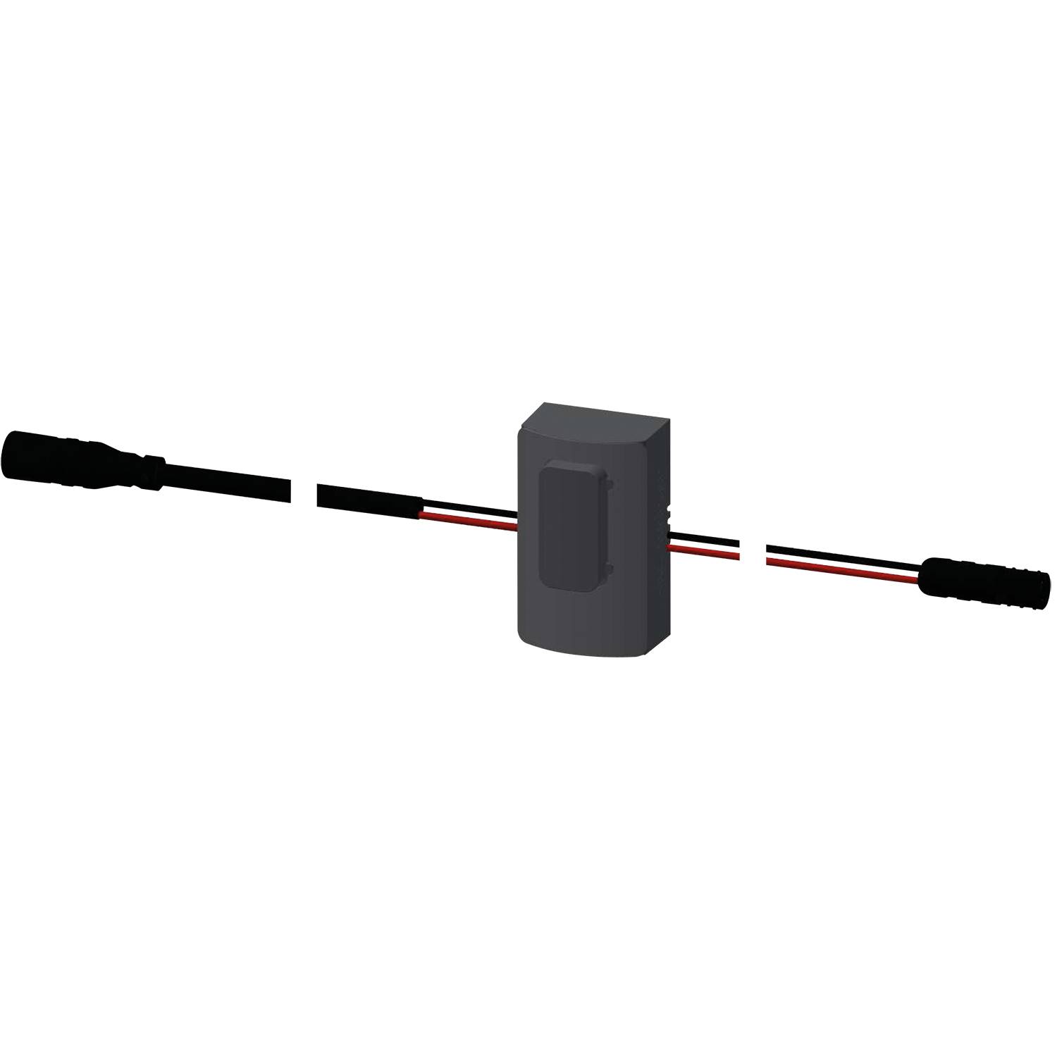 Eine schwarze Box mit einem hervorstehenden Vorderteil und einer Öffnung an einer Seite sendet einen roten Laserstrahl horizontal aus, was auf Ausrichtung oder Messung hinweist.