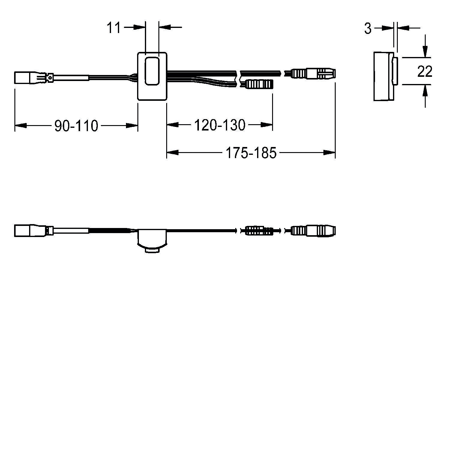 Technische Zeichnung einer Stecker- und Kabelanordnung mit Abmessungen: 90-110 mm, 120-130 mm, Gesamtlänge 175-185 mm, Breite 22 mm.