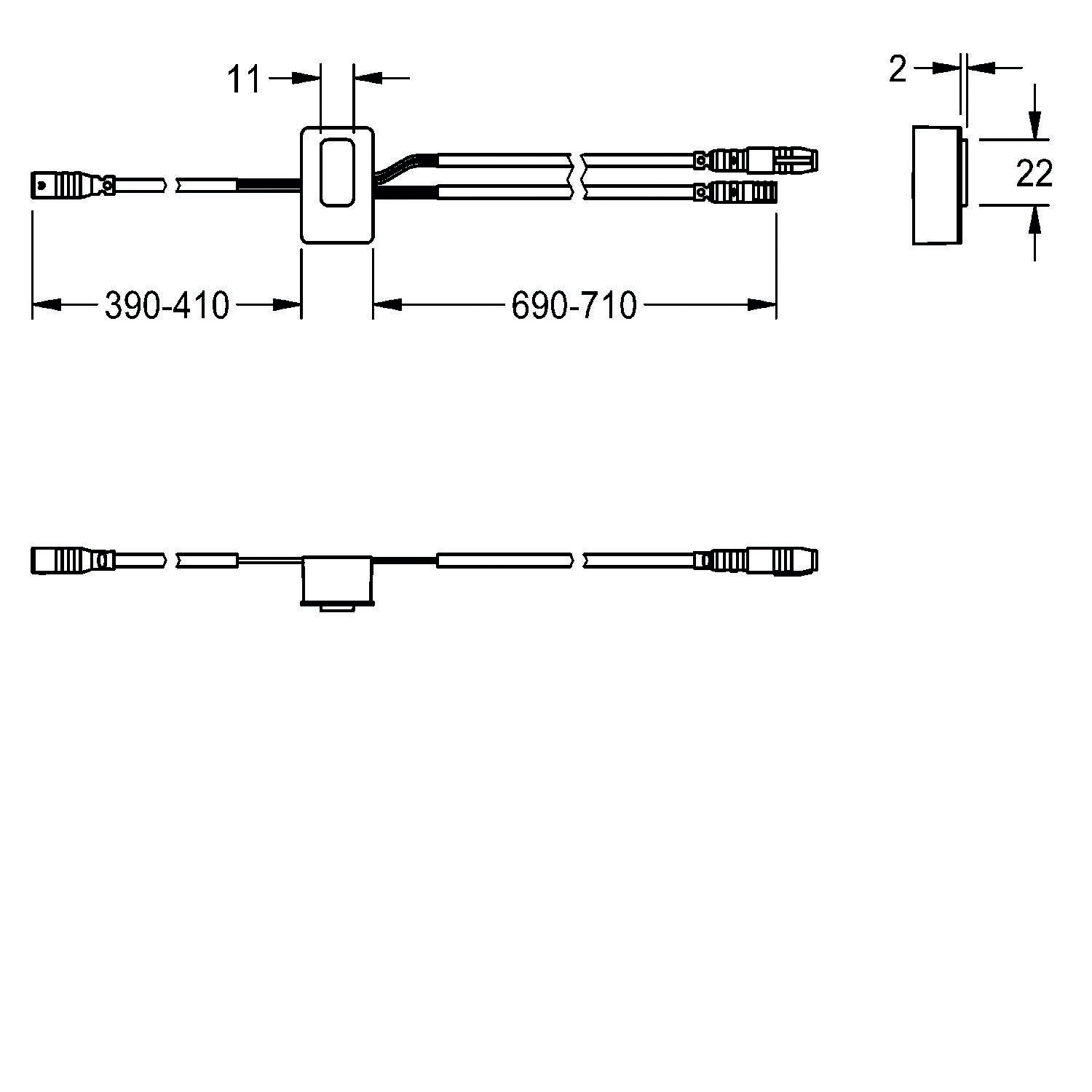Technische Zeichnung einer Kabelanordnung mit Anschlüssen an beiden Enden, mit dargestellten Maßangaben: 390-410 mm, 690-710 mm, 11 mm, 2 mm und 22 mm.