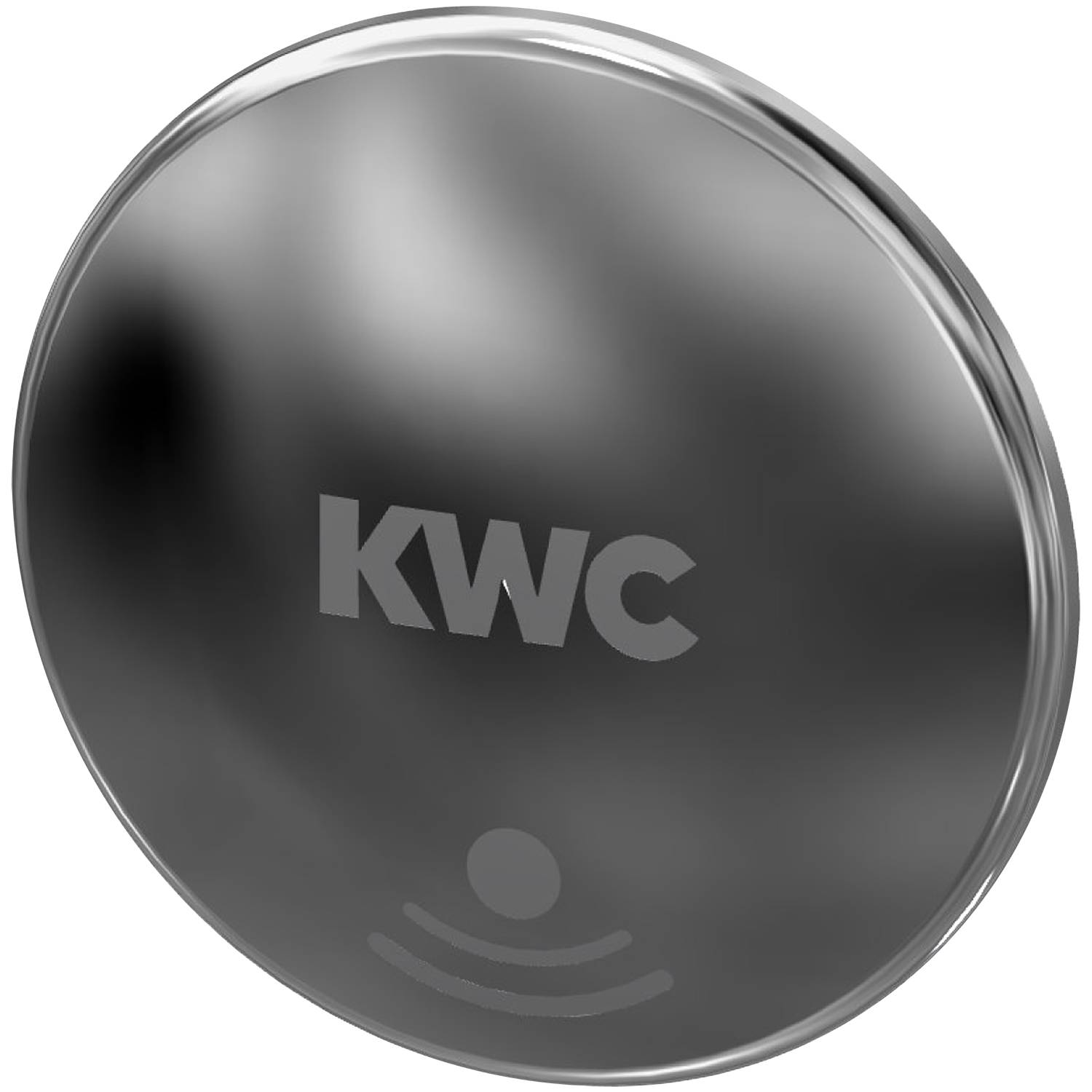 Ein rundes, transparentes Objekt zeigt die Buchstaben 'KWC' in fetter, weißer Schrift in seiner Mitte, mit einem WLAN-Symbol darunter.