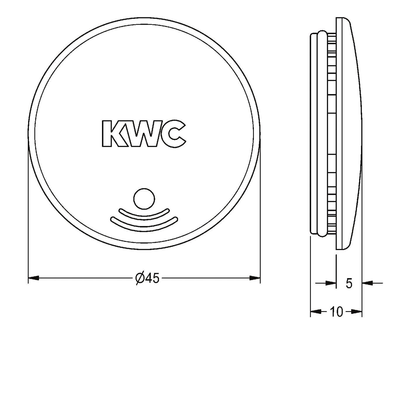 Technische Zeichnung eines runden KWC-Bauteils, Vorder- und Seitenansicht, beschriftet mit Durchmesser 45 und Dicke 5 bis 10.