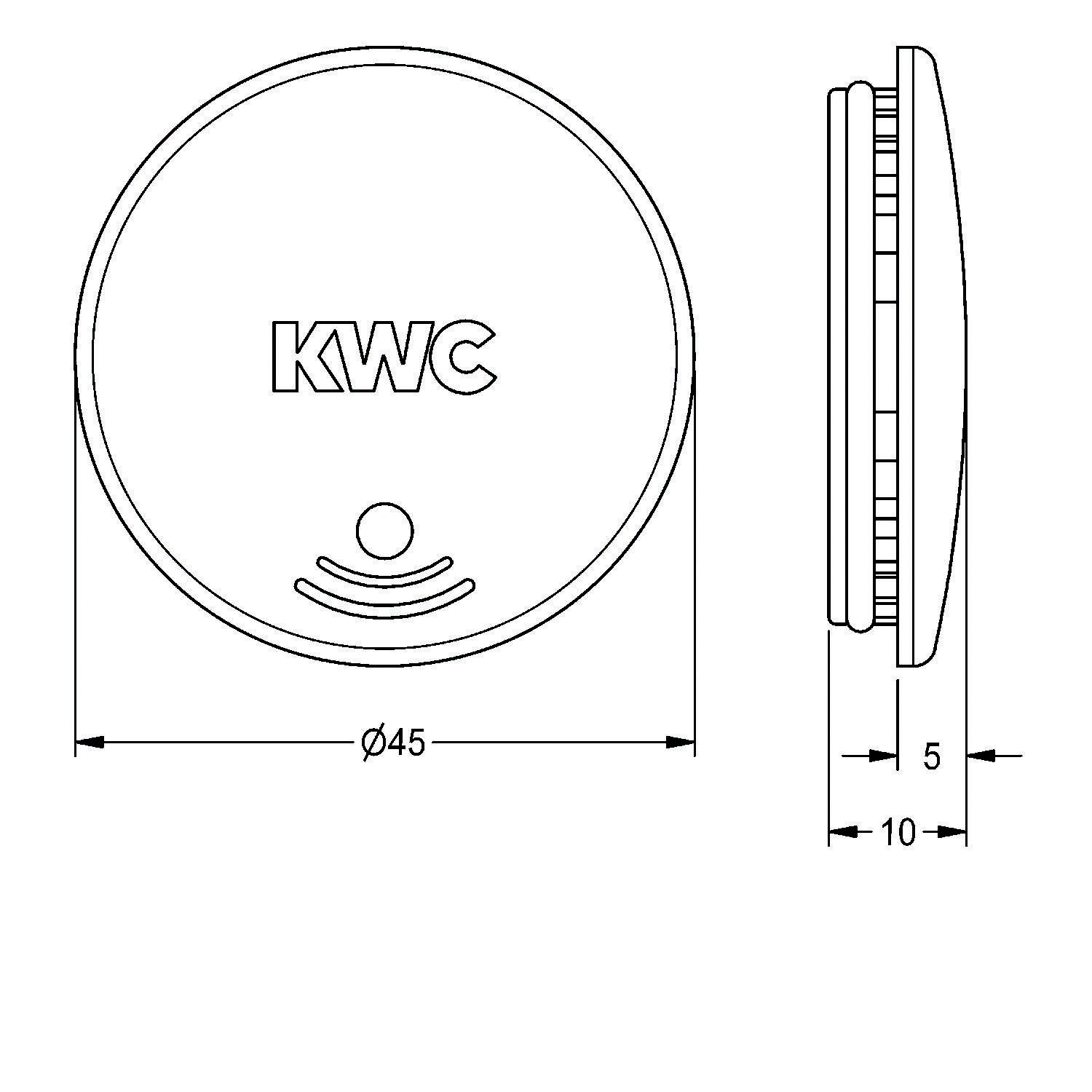 KWC' Logo auf einem kreisförmigen Objekt, 45 mm Durchmesser, Seitenansicht zeigt 10 mm Gesamthöhe mit einem 5 mm Detailbereich.