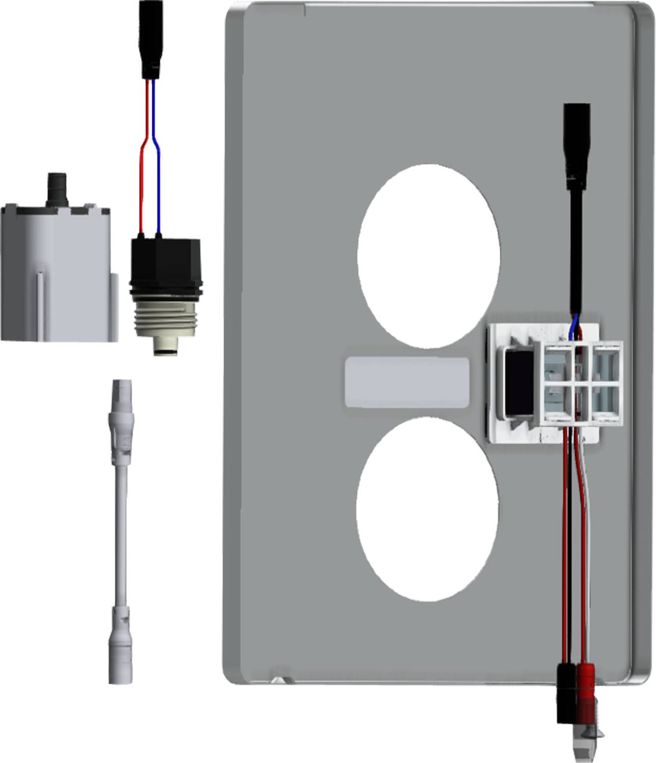 Elektrische Leitungskomponenten und Schalter, die auf einer Platine angeordnet sind und verschiedene Verbindungen und Funktionalitäten für die Installation veranschaulichen.