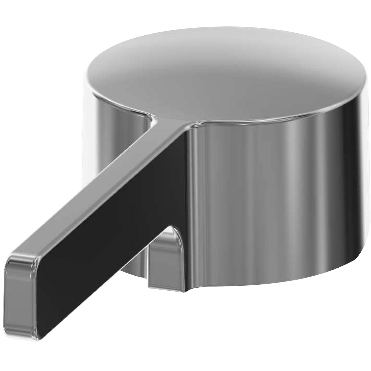 Ein glänzender, metallischer Knopf mit einem kurzen, rechteckigen Griff, vor einem schwarzen Hintergrund; möglicherweise zur Steuerung oder Einstellung verwendet.