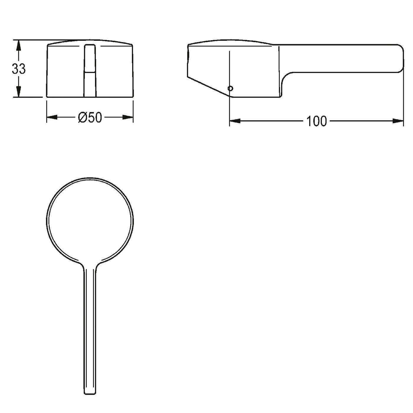 Technische Zeichnung eines runden Spiegels mit Griff, dargestellt in Vorder- und Seitenansicht mit Abmessungen 33, 50 mm Durchmesser und 100 mm Grifflänge.