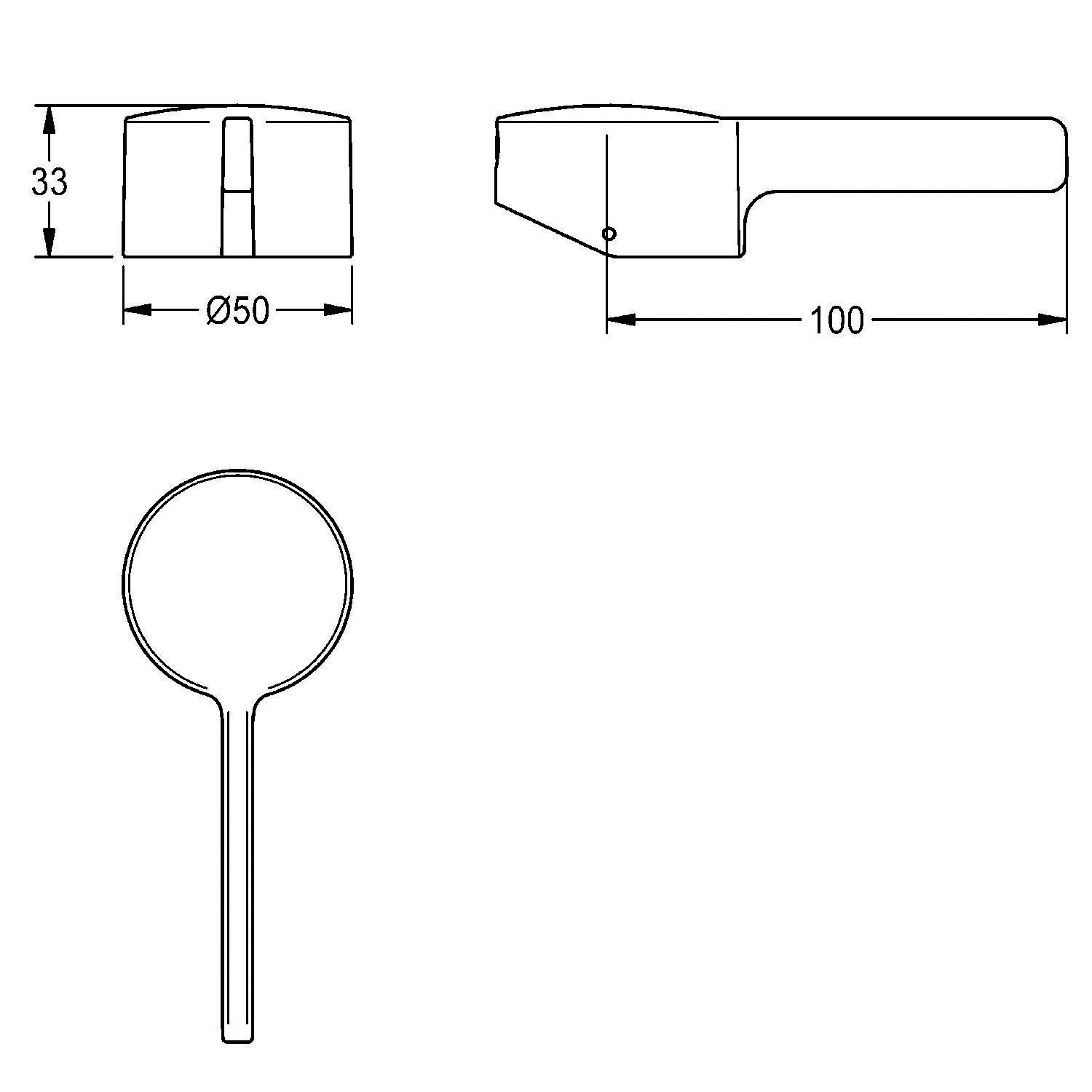 Technische Zeichnung einer Handlupe mit Abmessungen: 33 mm Höhe, 50 mm Durchmesser, 100 mm Handgriffslänge.