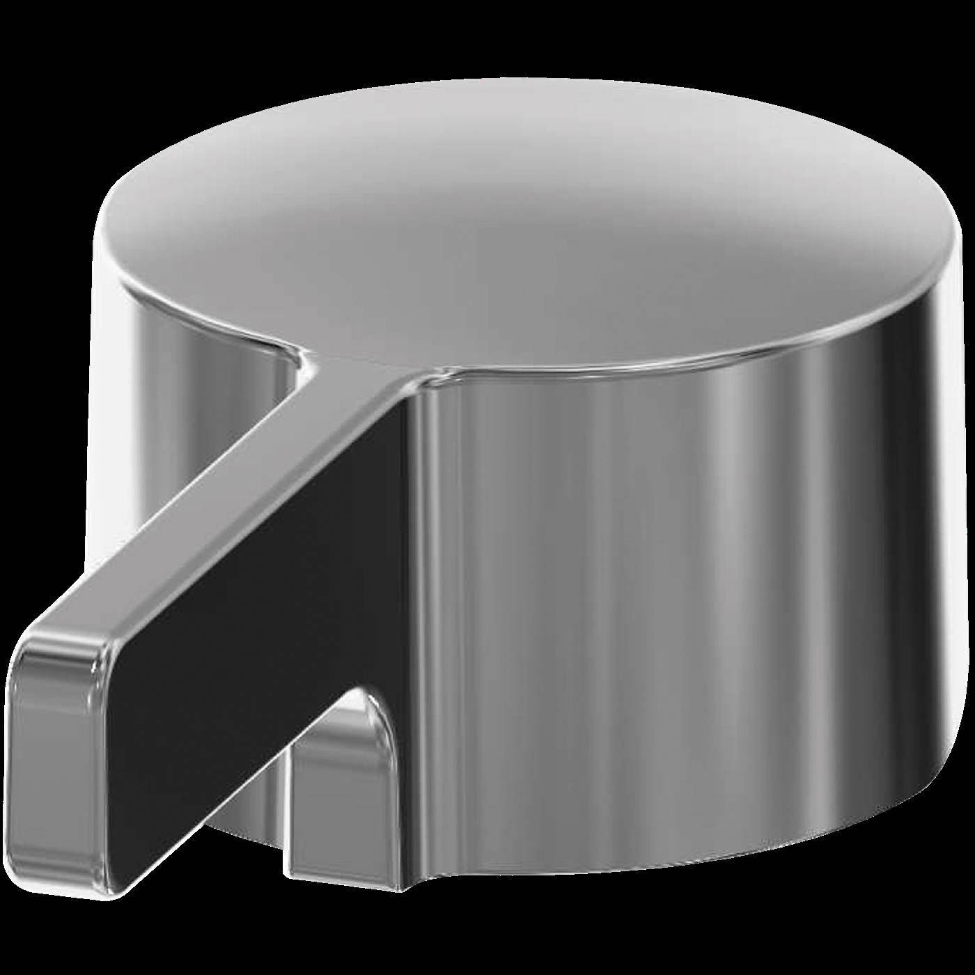 Silberner metallischer zylindrischer Deckel mit seitlichem Ausgiesser und Kerbe, isoliert auf schwarzem Hintergrund dargestellt.