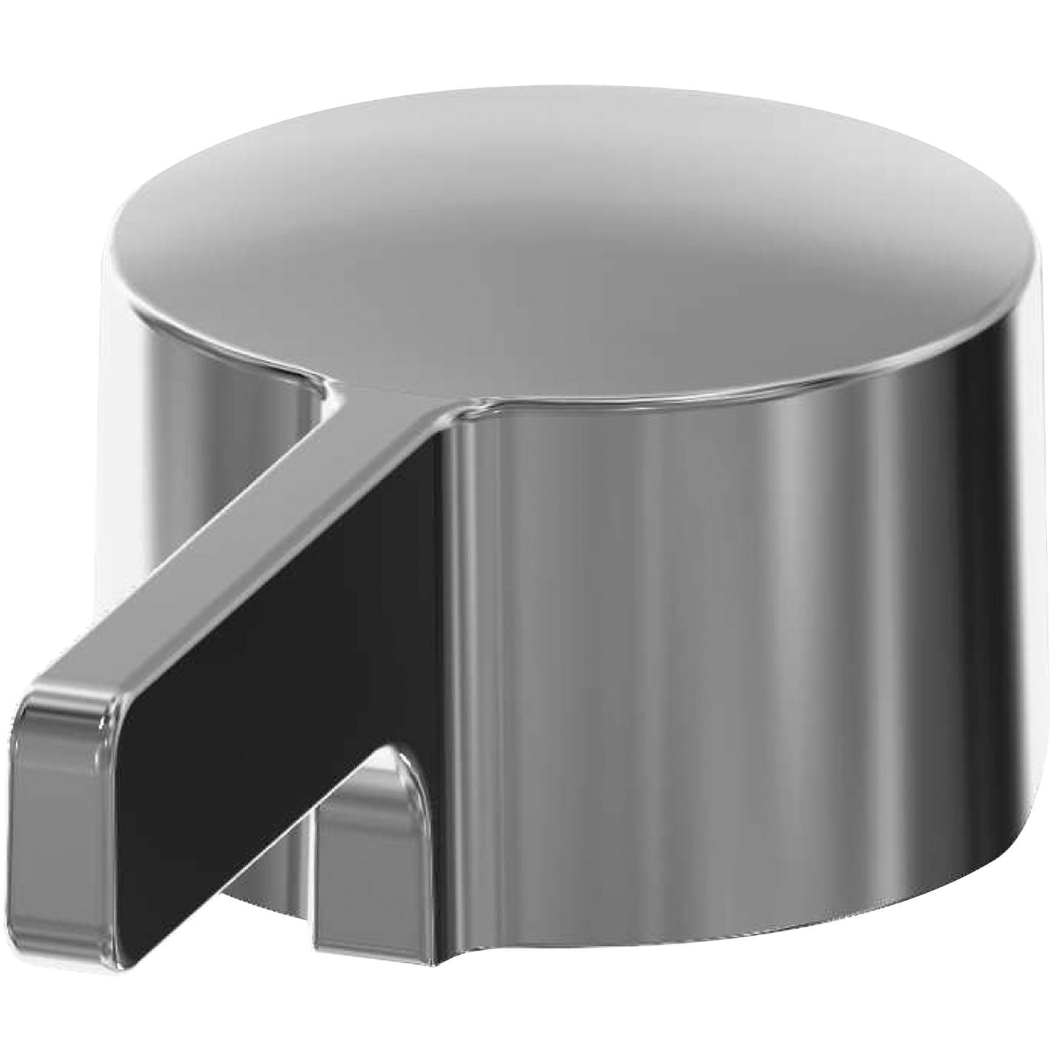 Ein glänzender Metallknopf mit einer flachen Kreisscheibe oben und einem kurzen Griff, wahrscheinlich zum Steuern oder Einstellen eines Geräts oder Haushaltsgeräts verwendet.