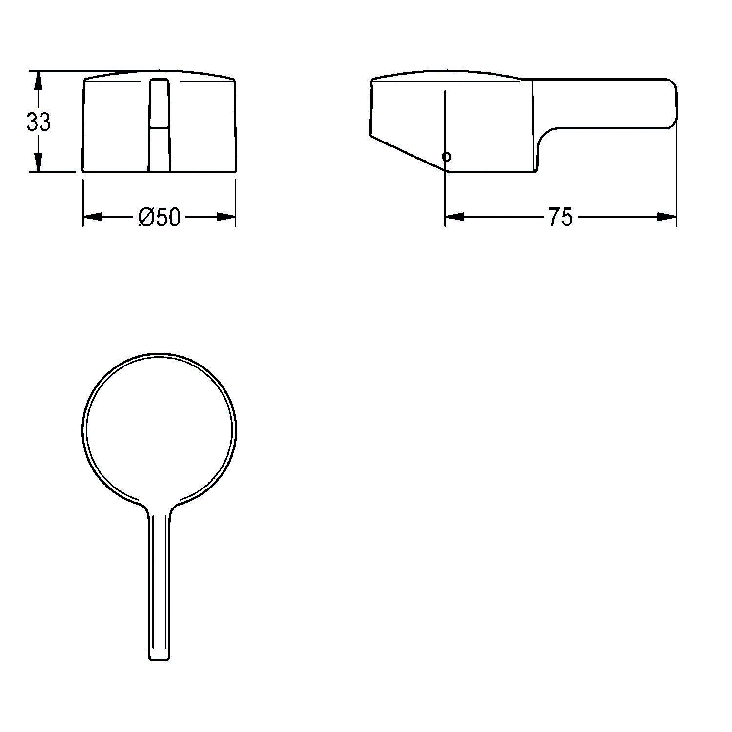 Technische Zeichnungen einer Lupe: Draufsicht zeigt Durchmesser 50 mm und Höhe 33 mm, Seitenansicht zeigt Länge 75 mm und Frontansicht zeigt den Griff.