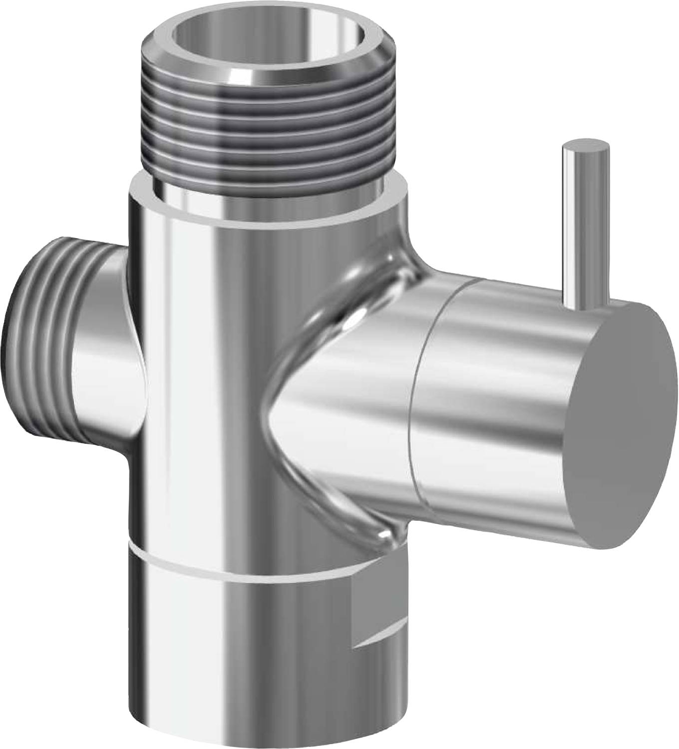 Ein Metallrohrverbinder mit T-förmiger Gestaltung, versehen mit Gewindeenden und einem Hebel zur Steuerung, der in Rohrleitungssystemen eingesetzt wird.