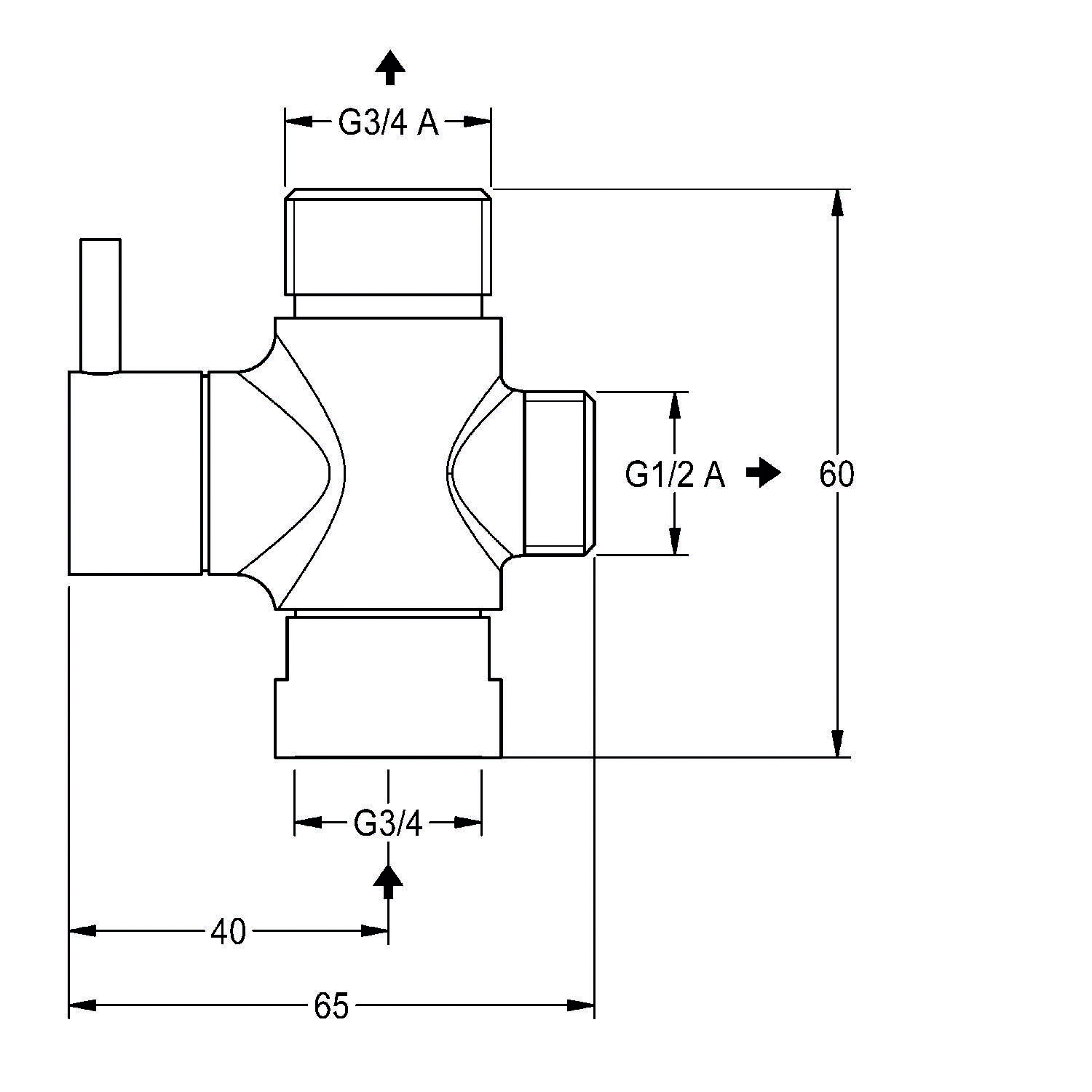 Technische Zeichnung eines Klempnerverbinders mit drei beschrifteten Anschlüssen: G3/4 A, G1/2 A und G3/4. Abmessungen: 65 mm Breite, 60 mm Höhe, 40 mm Länge.