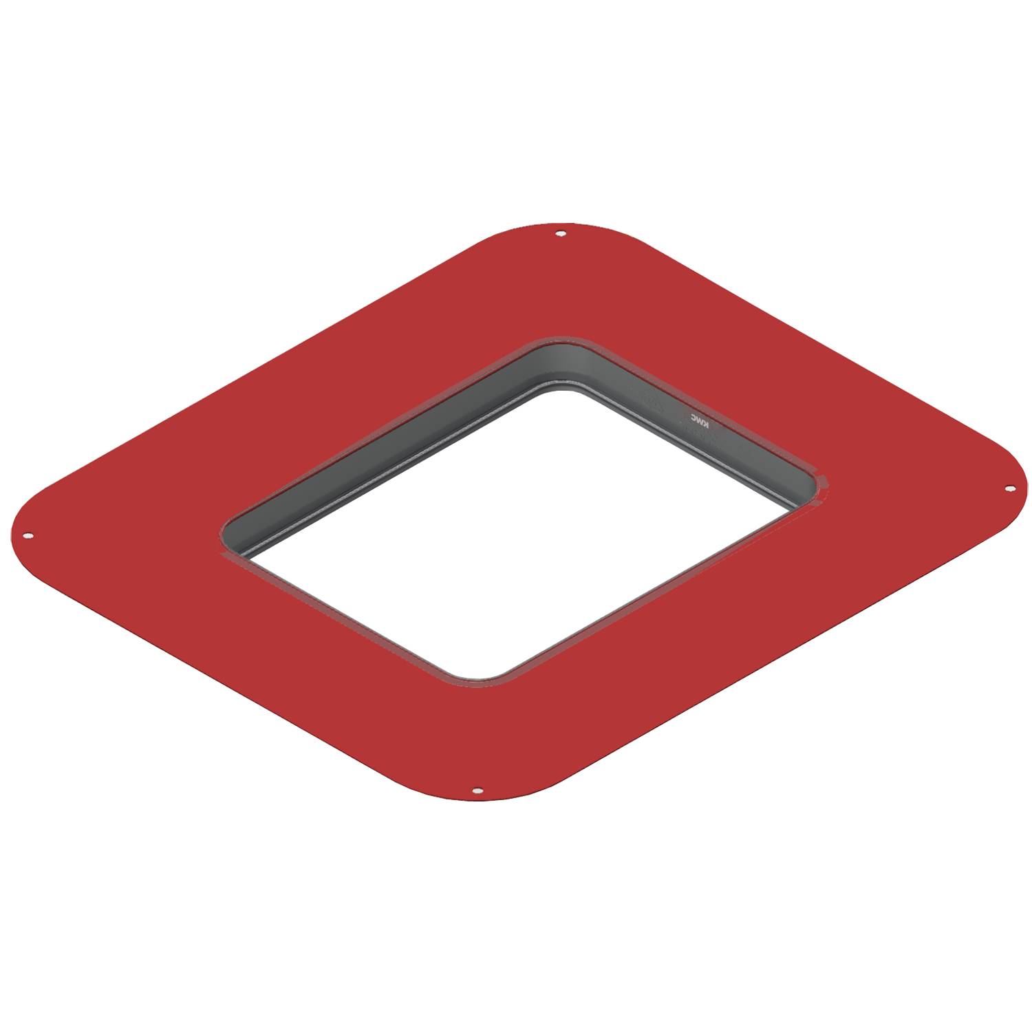 Ein roter quadratischer Rahmen mit einem zentralen grauen Quadratausschnitt, vor einem schwarzen Hintergrund.