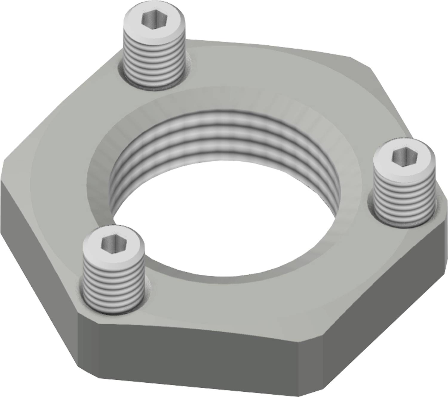 Eine sechseckige Metallmutter mit drei Gewindebohrungen, die darauf hindeutet, dass sie für komplexe mechanische Verbindungen oder Einstellungen konzipiert ist.