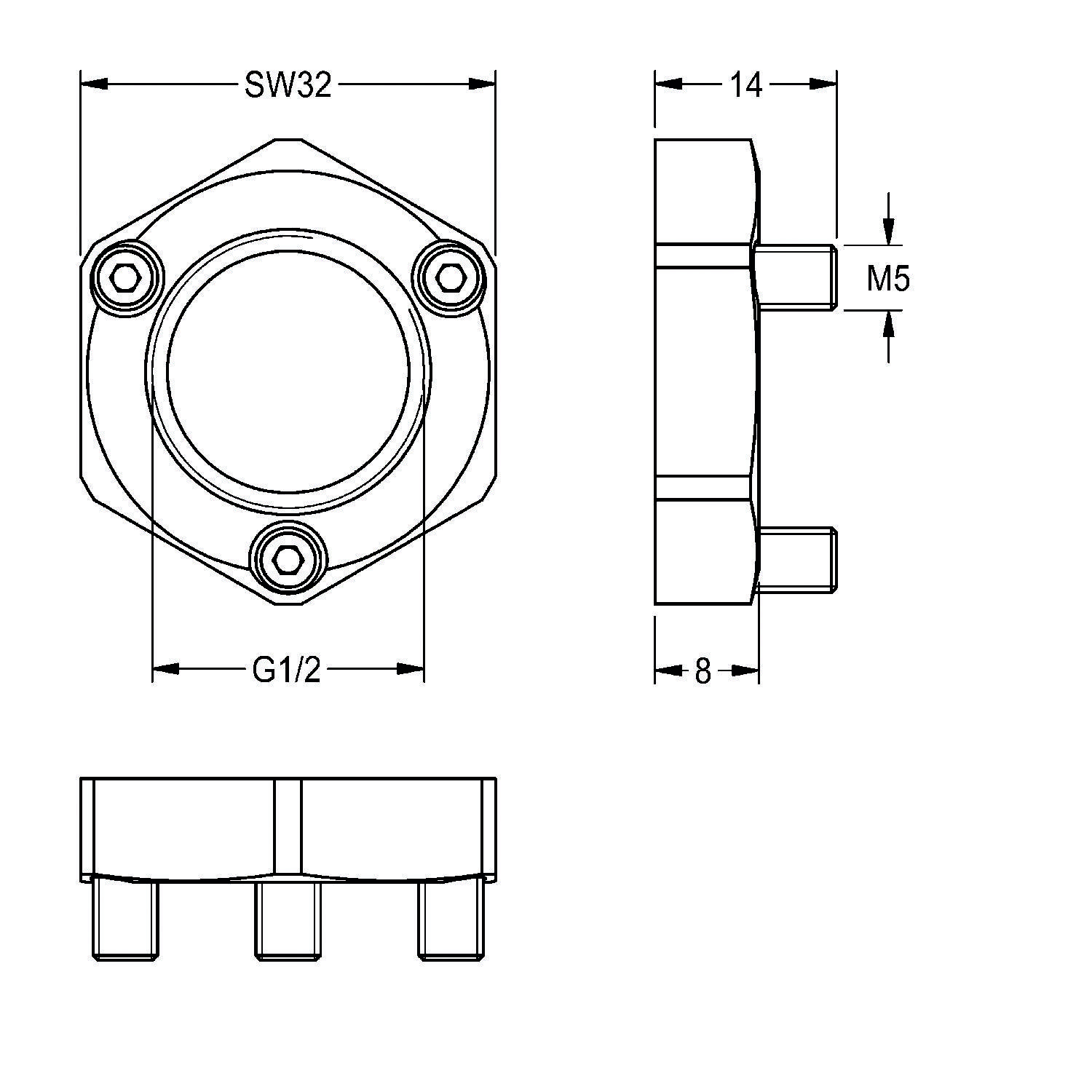 Mechanische Zeichnung einer Gerätekomponente mit Vorder- und Seitenansicht und Maßangaben: SW32 Breite, G1/2 Bodenöffnung, 14 und 8 Einheiten Länge, M5 oberer Bereich.