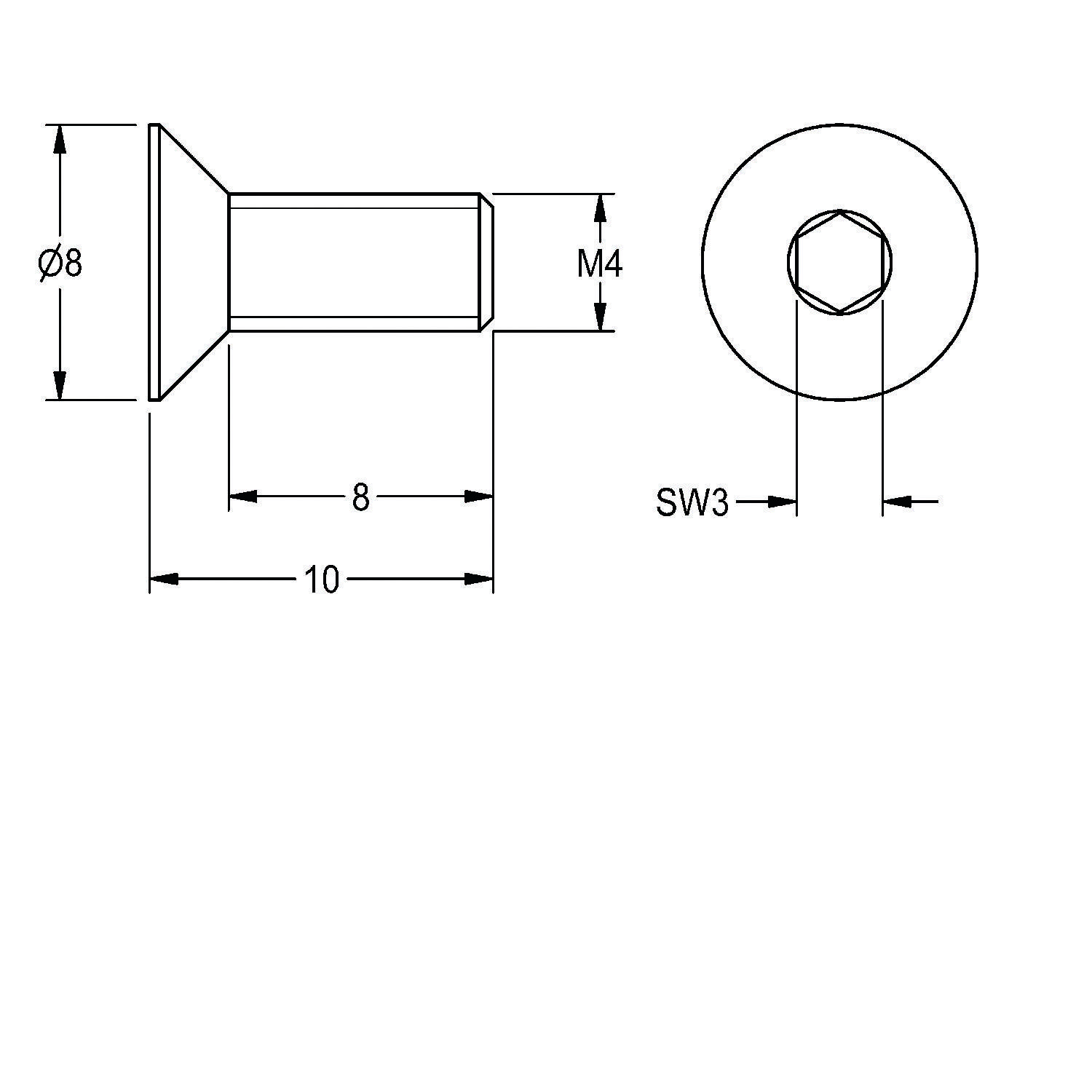 Diagramm einer Senkkopfschraube mit beschrifteten Maßen: Länge 10 mm, Kopfdurchmesser Ø8 und Gewindegröße M4, ergänzt durch eine Draufsicht.