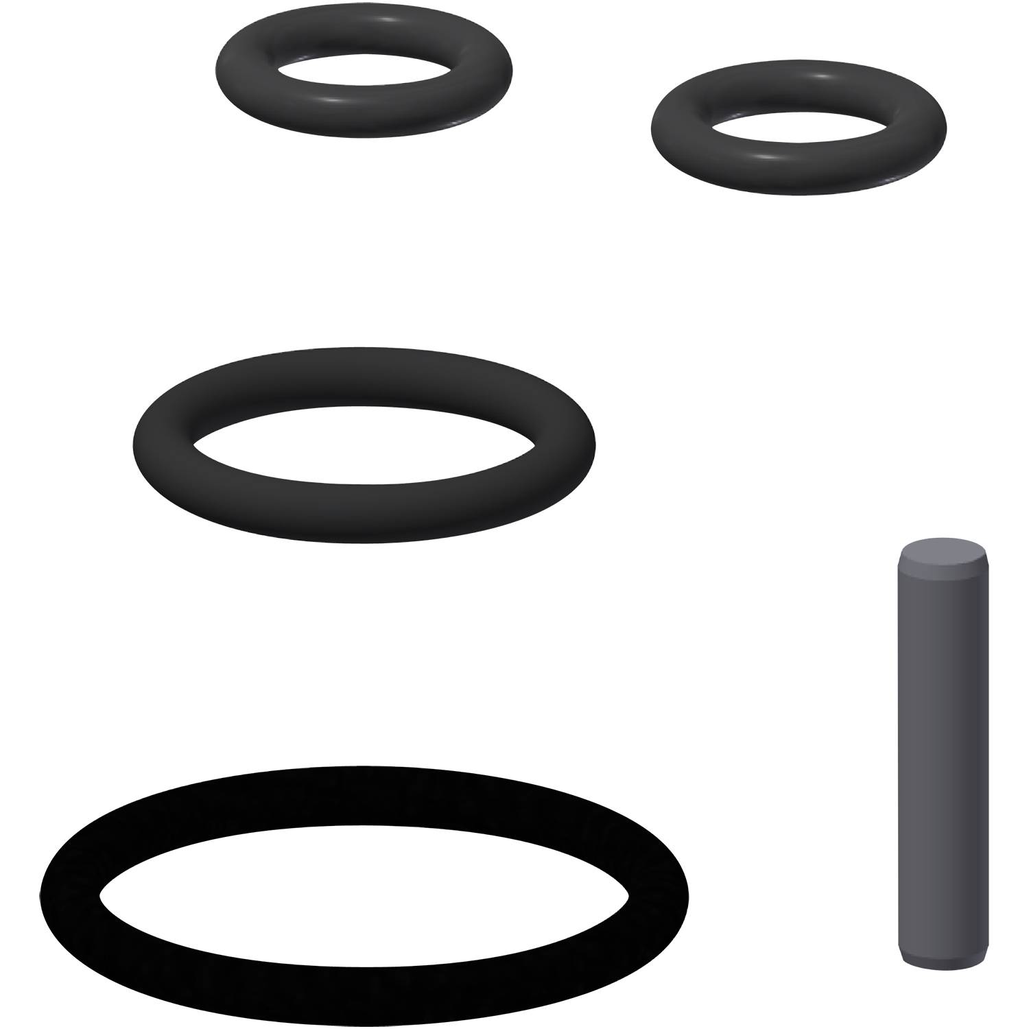 Verschiedene Größen schwarzer Ringe, die vertikal vor einem dunklen Hintergrund angeordnet sind, mit einem schwarzen Zylinder parallel rechts davon.